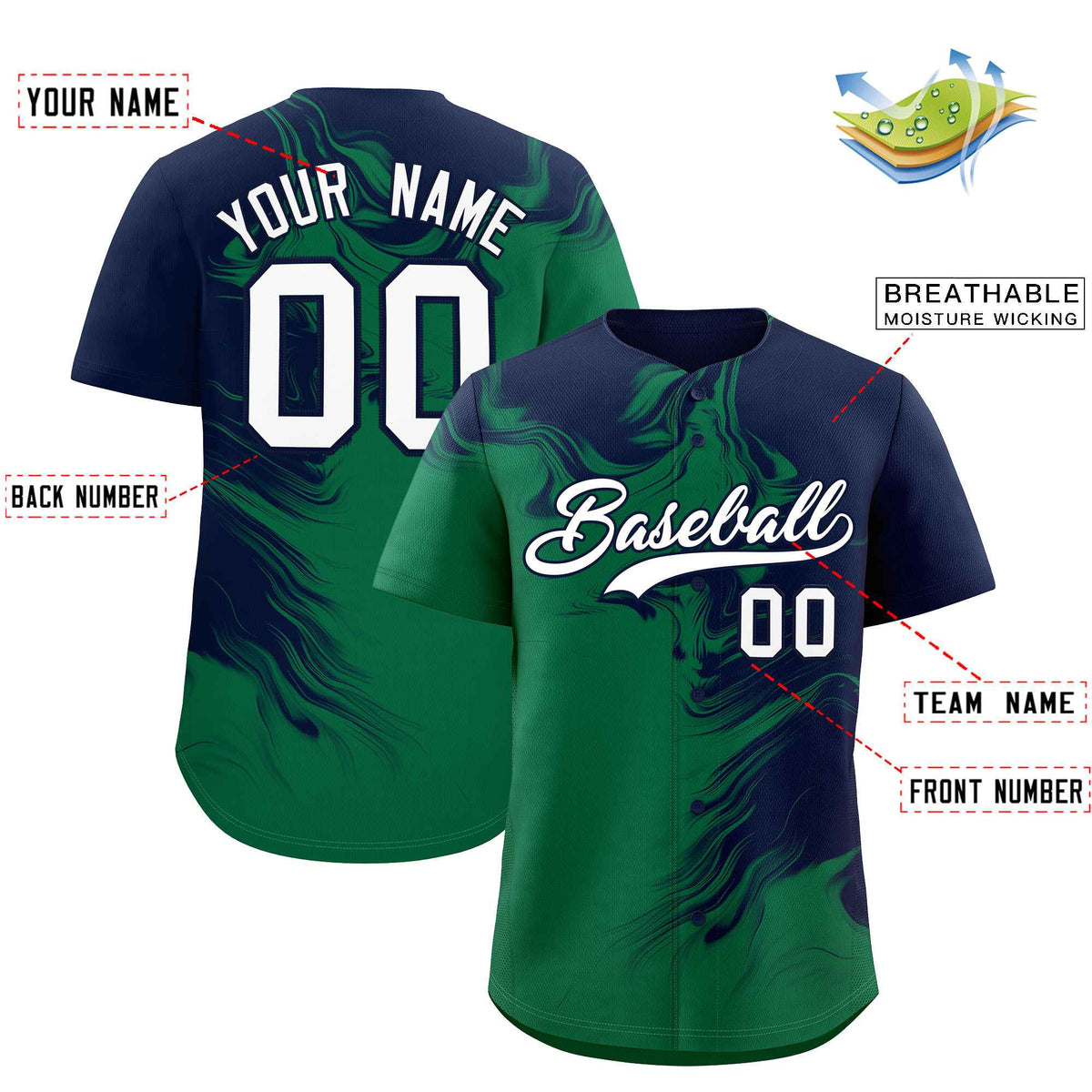 Custom Navy Kelly Green Personalized Ink Pattern Authentic Baseball Jersey| KXKSHOP