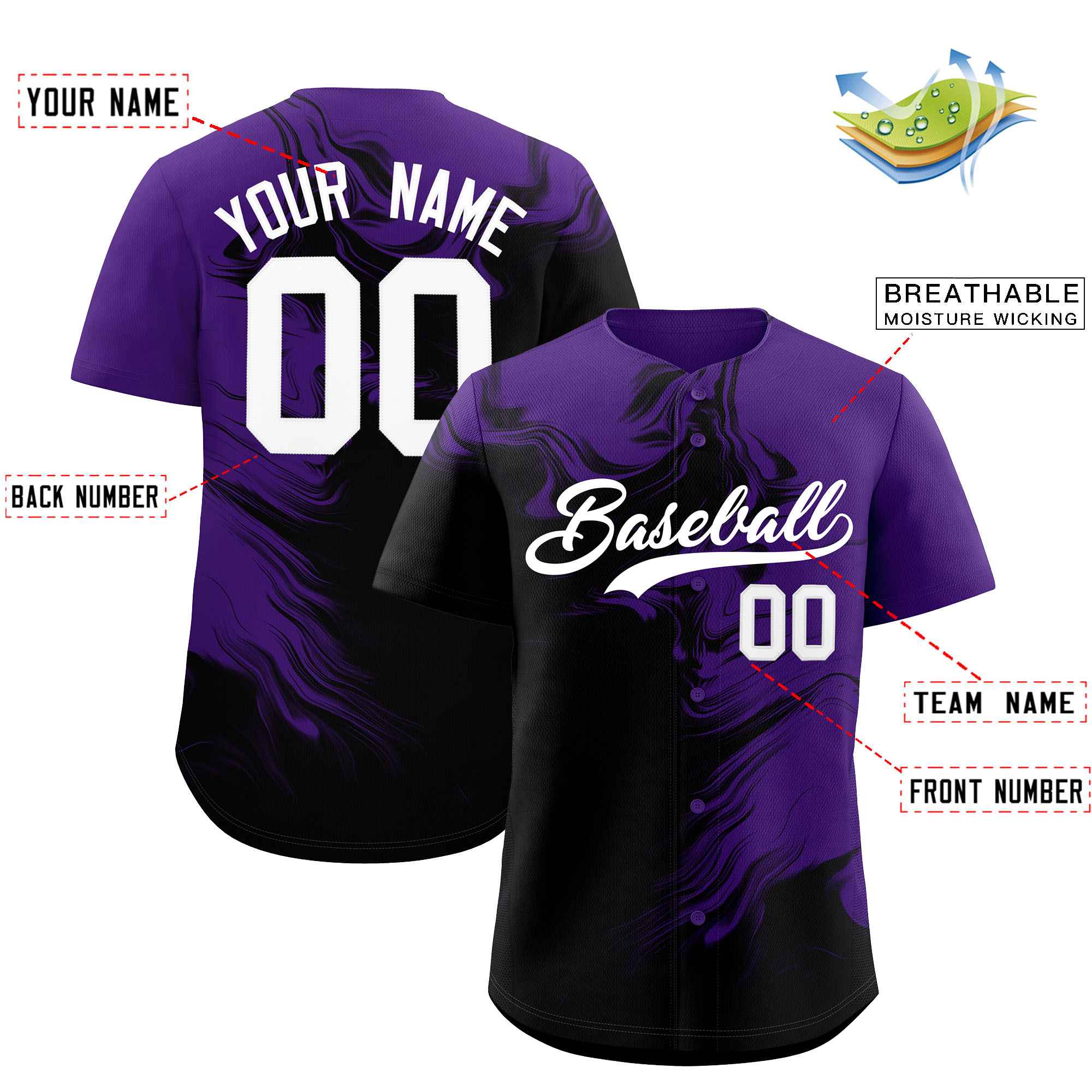 Custom Purple Black Personalized Ink Pattern Authentic Baseball Jersey| KXKSHOP
