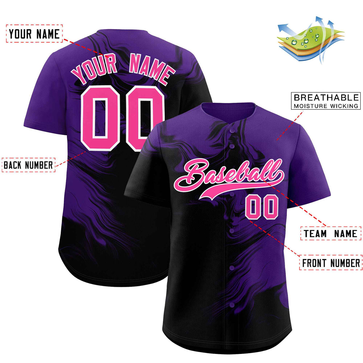 Custom Purple Black Personalized Ink Pattern Authentic Baseball Jersey| KXKSHOP