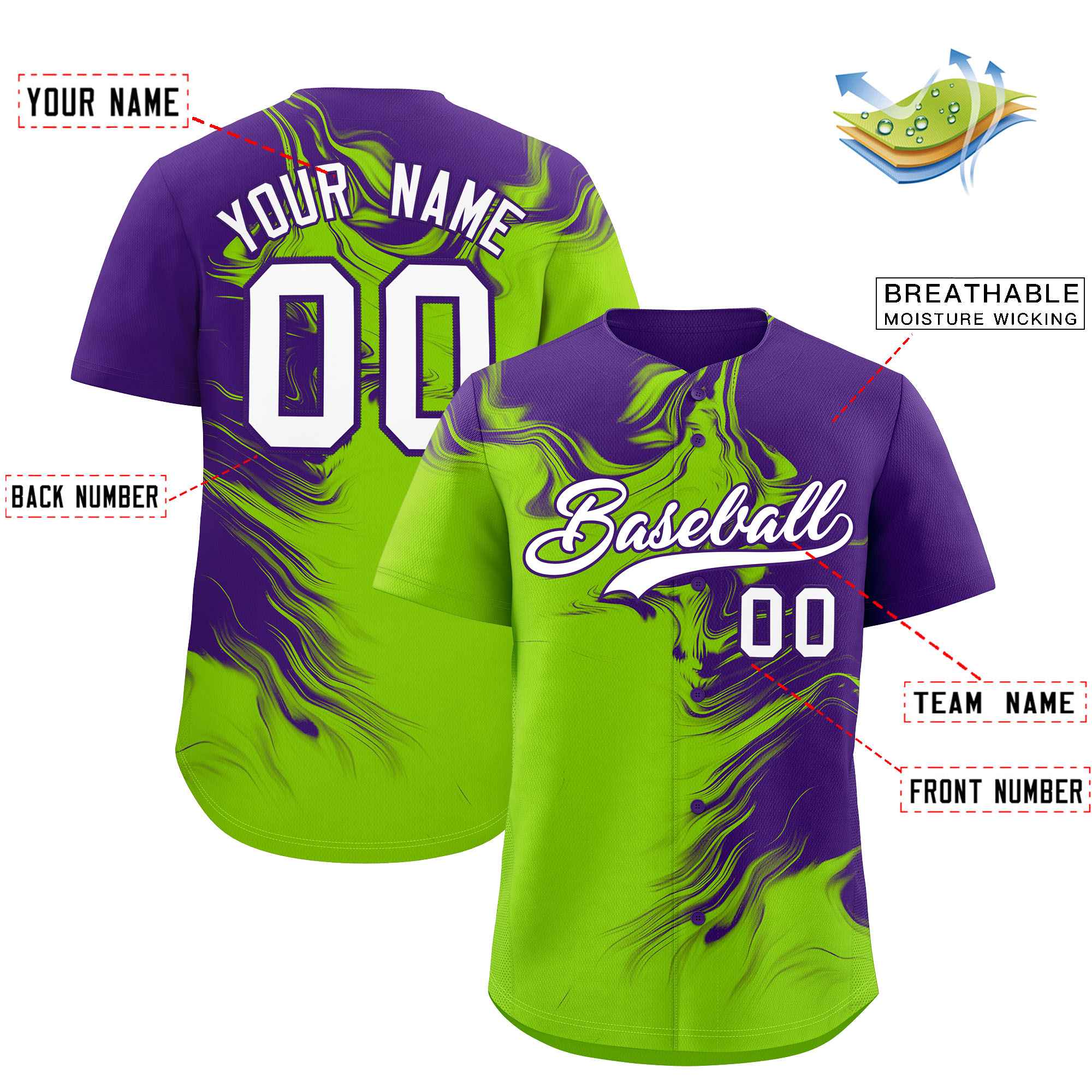 Custom Purple Neon Green Personalized Ink Pattern Authentic Baseball Jersey| KXKSHOP