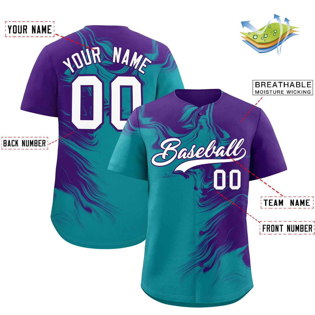 Custom Purple Aqua Personalized Ink Pattern Authentic Baseball Jersey| KXKSHOP