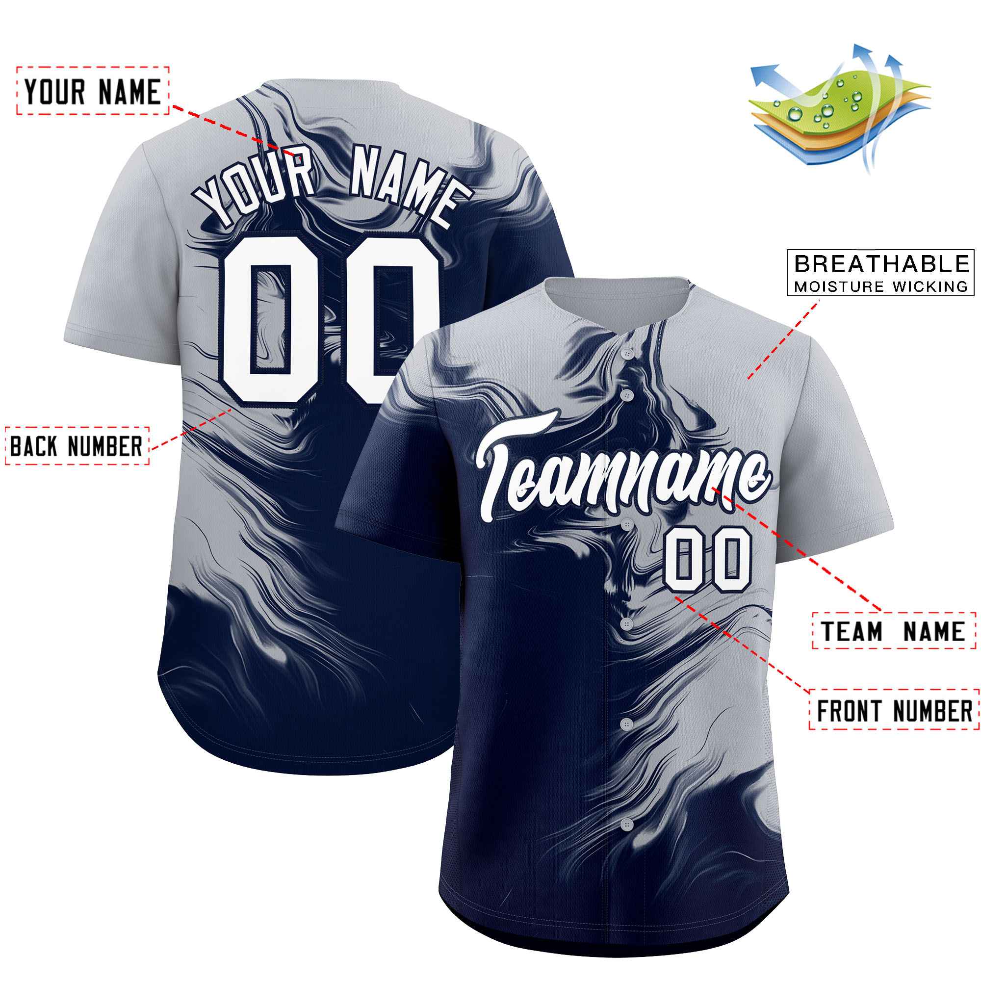 Custom Gray Navy Personalized Ink Pattern Authentic Baseball Jersey| KXKSHOP