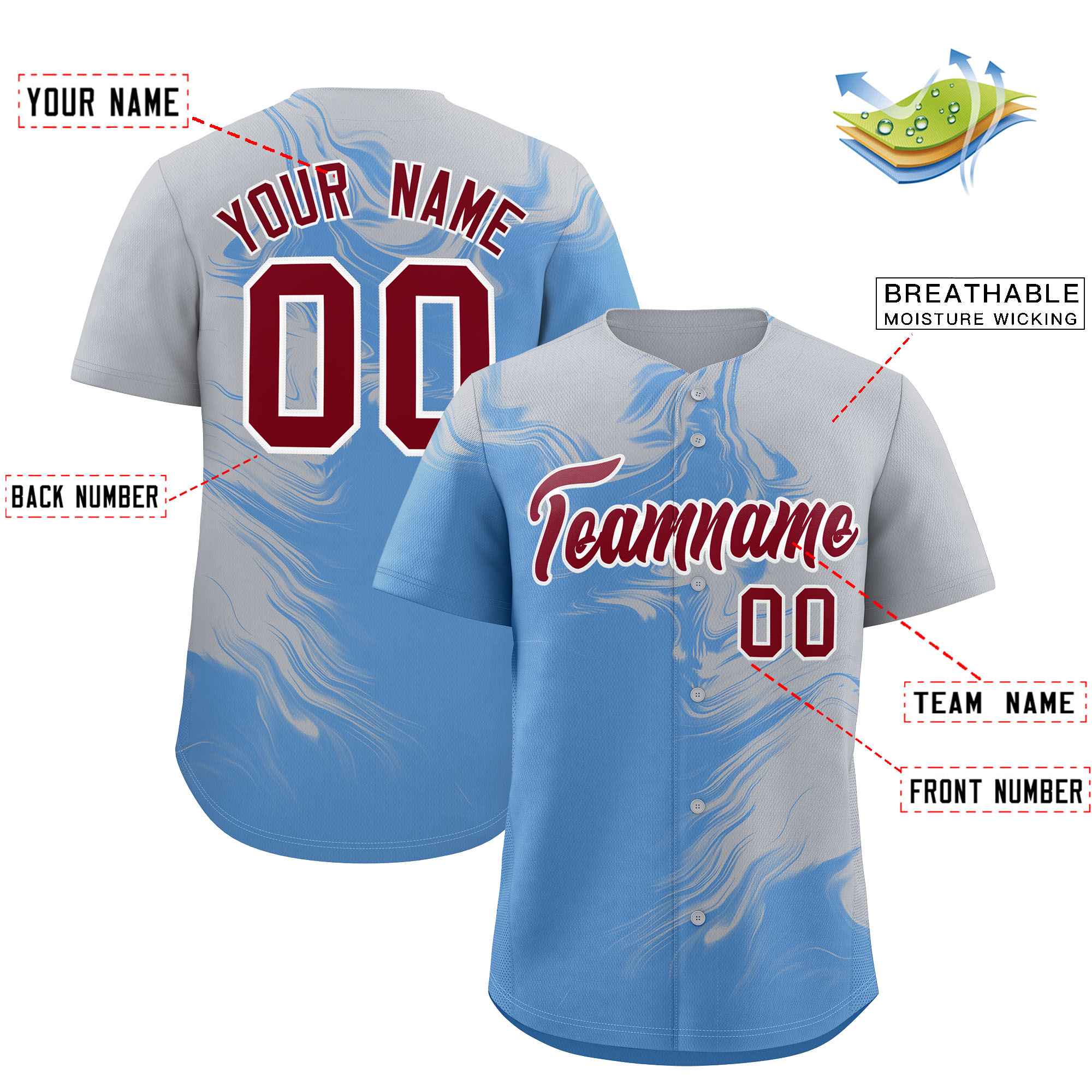Custom Gray Powder Blue Personalized Ink Pattern Authentic Baseball Jersey| KXKSHOP