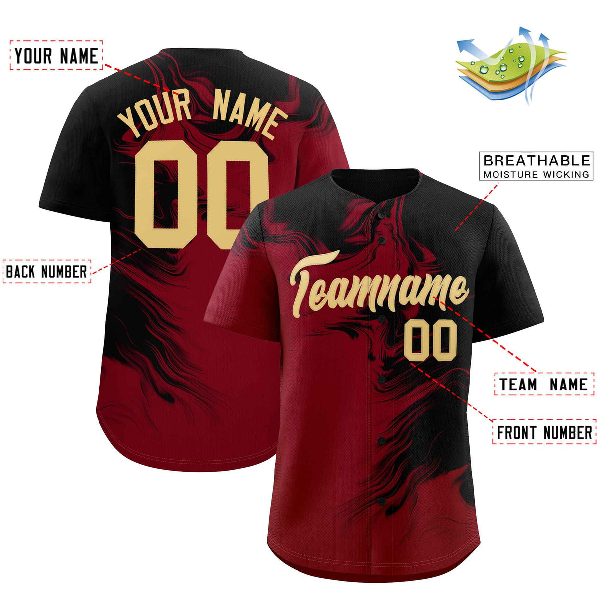 Custom Black Crimson Personalized Ink Pattern Authentic Baseball Jersey| KXKSHOP