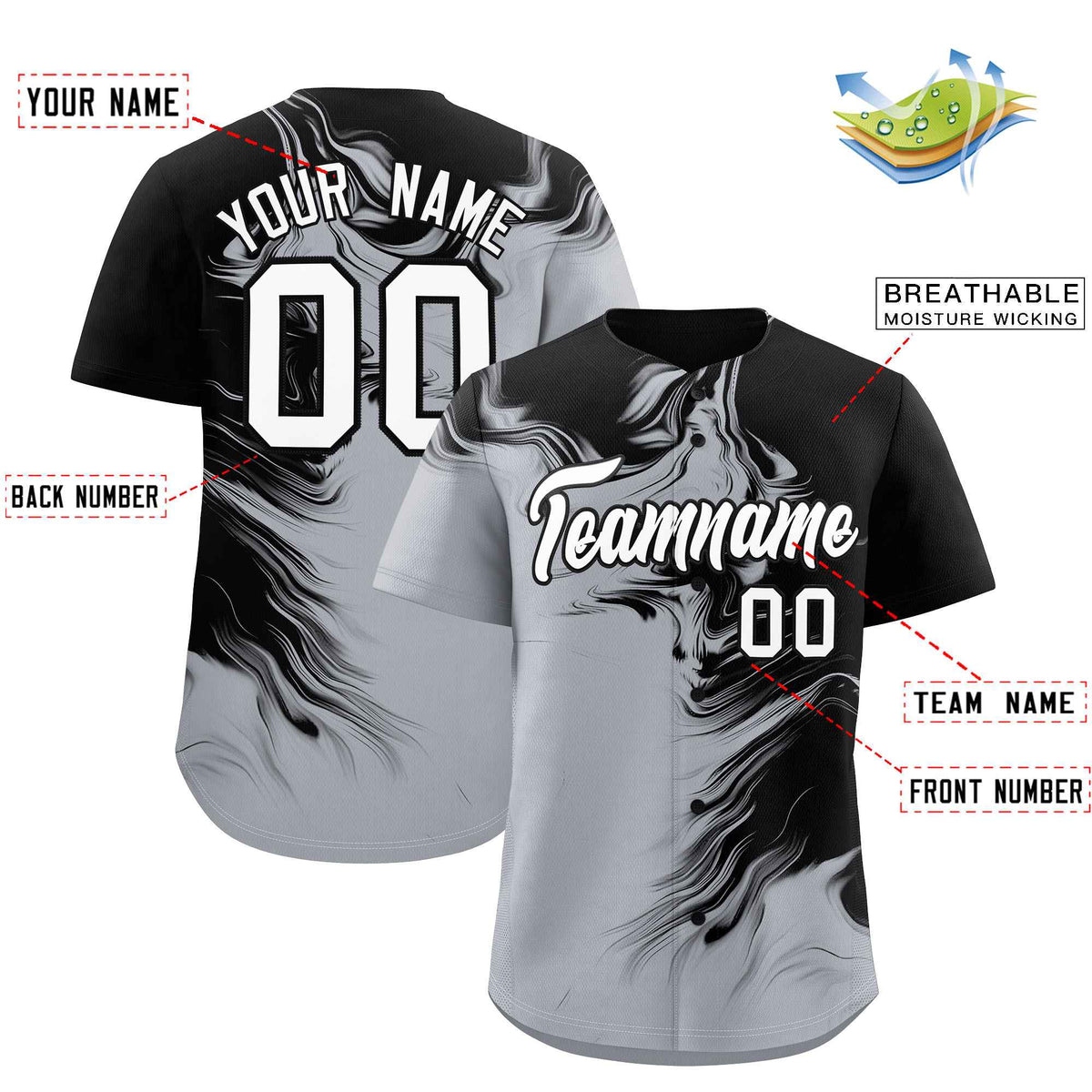 Custom Black Gray Personalized Ink Pattern Authentic Baseball Jersey| KXKSHOP