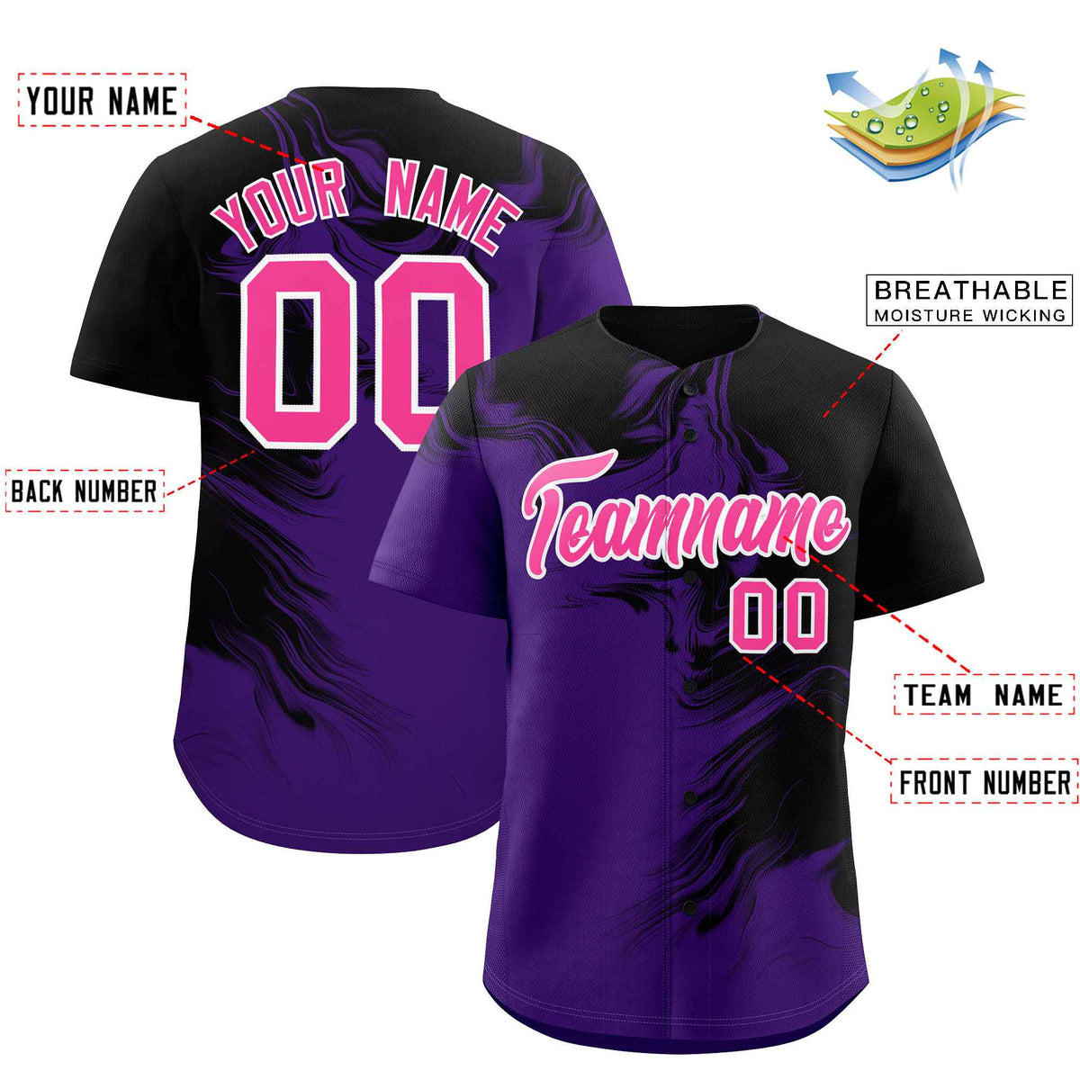 Custom Black Purple Personalized Ink Pattern Authentic Baseball Jersey| KXKSHOP