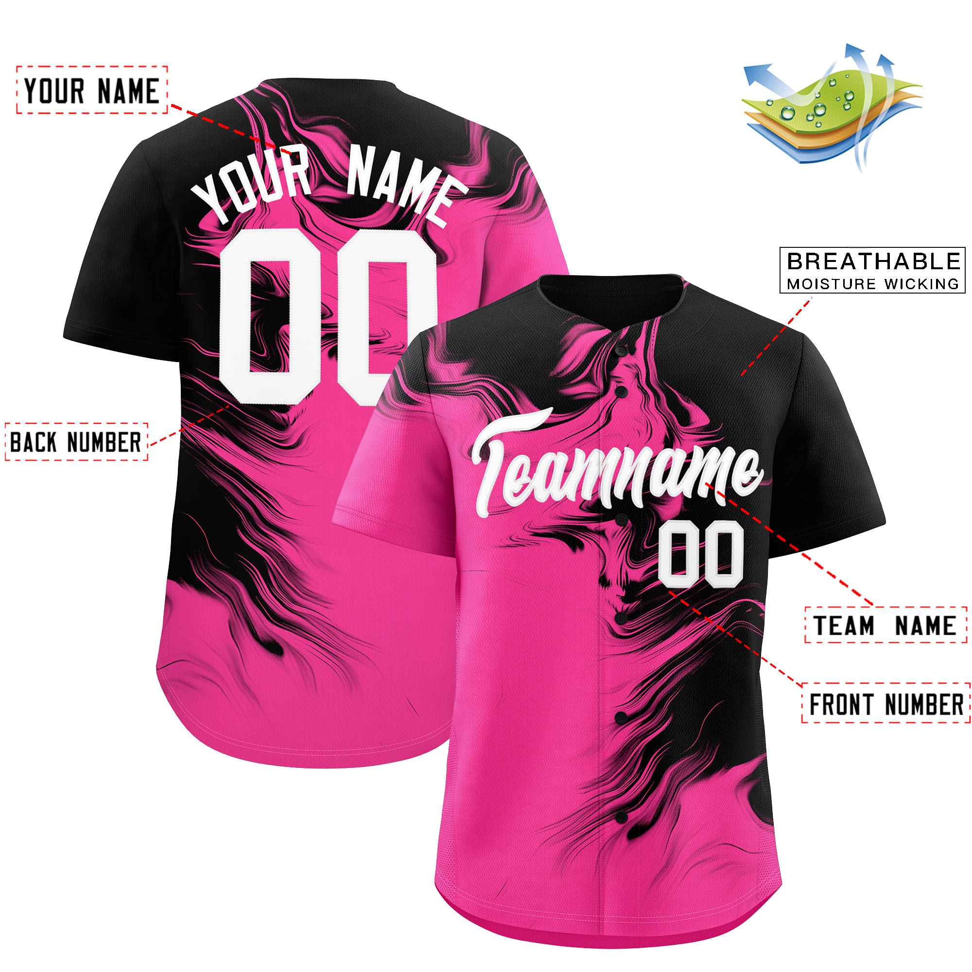 Custom Black Pink Personalized Ink Pattern Authentic Baseball Jersey| KXKSHOP