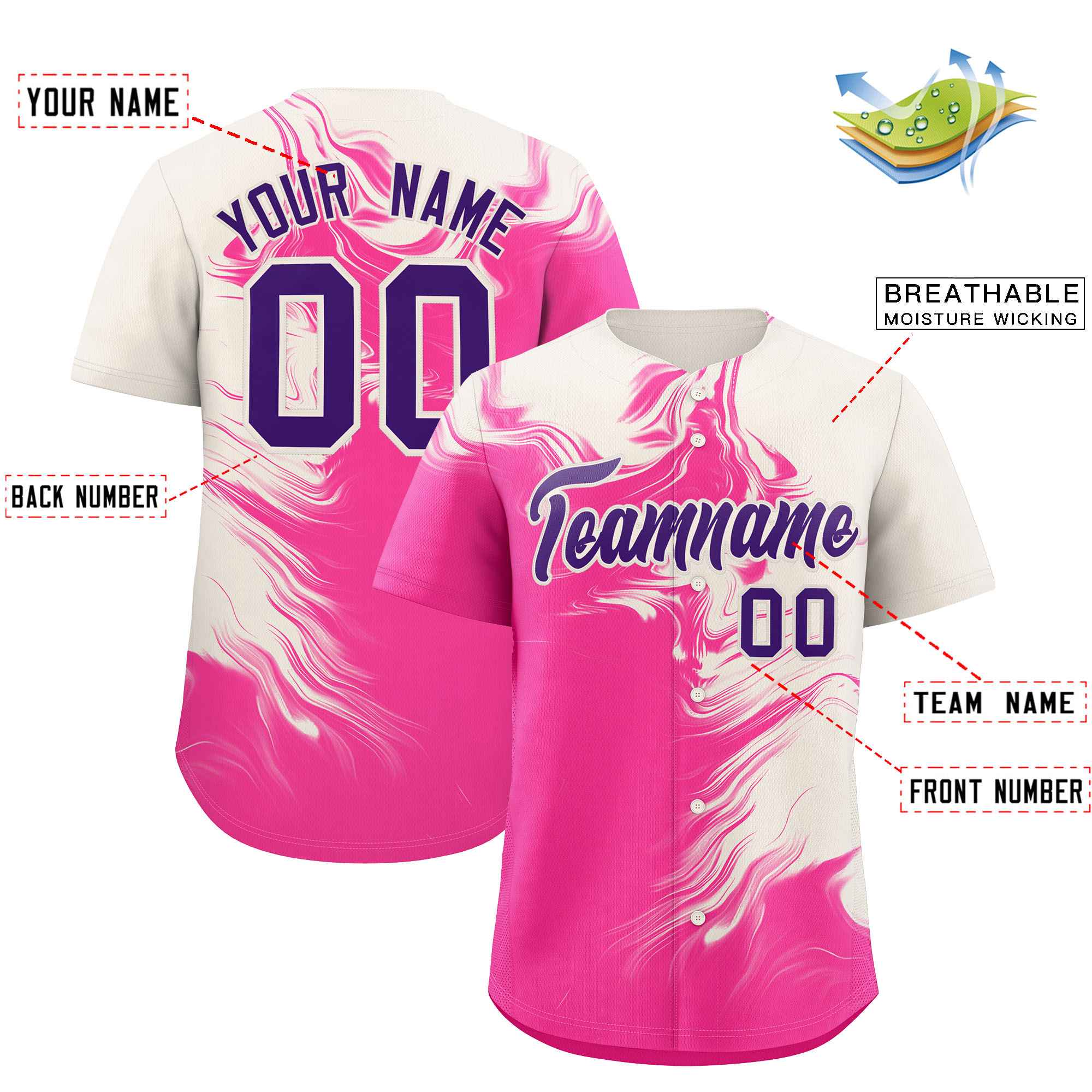Custom Cream Pink Personalized Ink Pattern Authentic Baseball Jersey| KXKSHOP