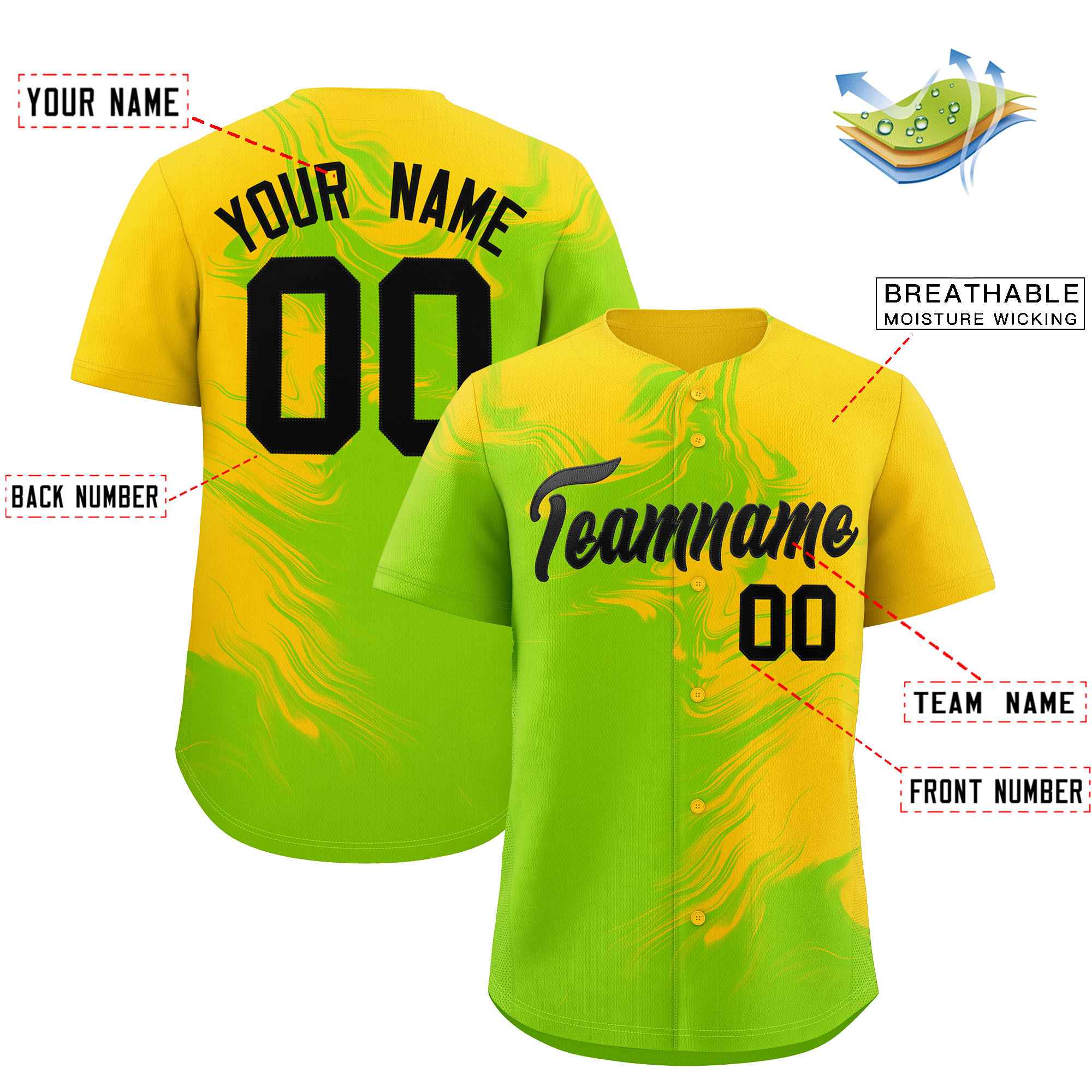 Custom Gold Neon Green Personalized Ink Pattern Authentic Baseball Jersey| KXKSHOP