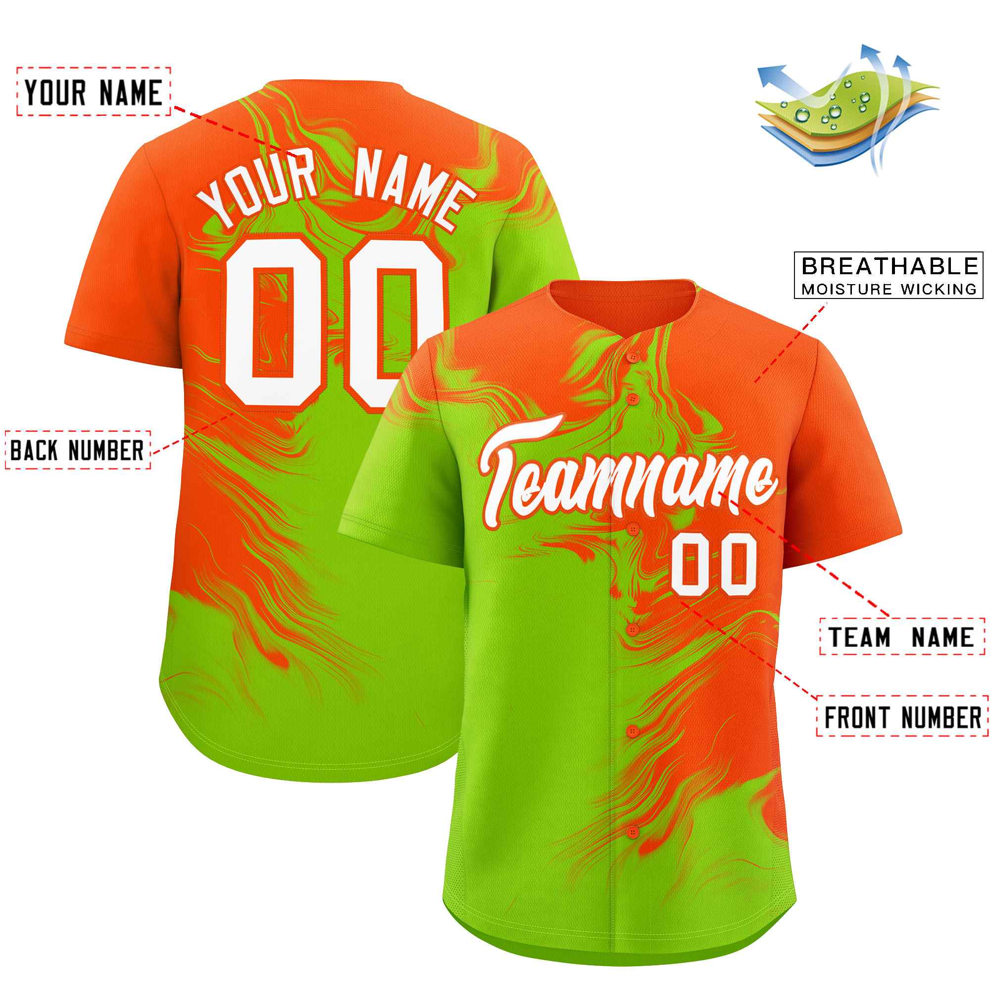 Custom Orange Neon Green Personalized Ink Pattern Authentic Baseball Jersey| KXKSHOP