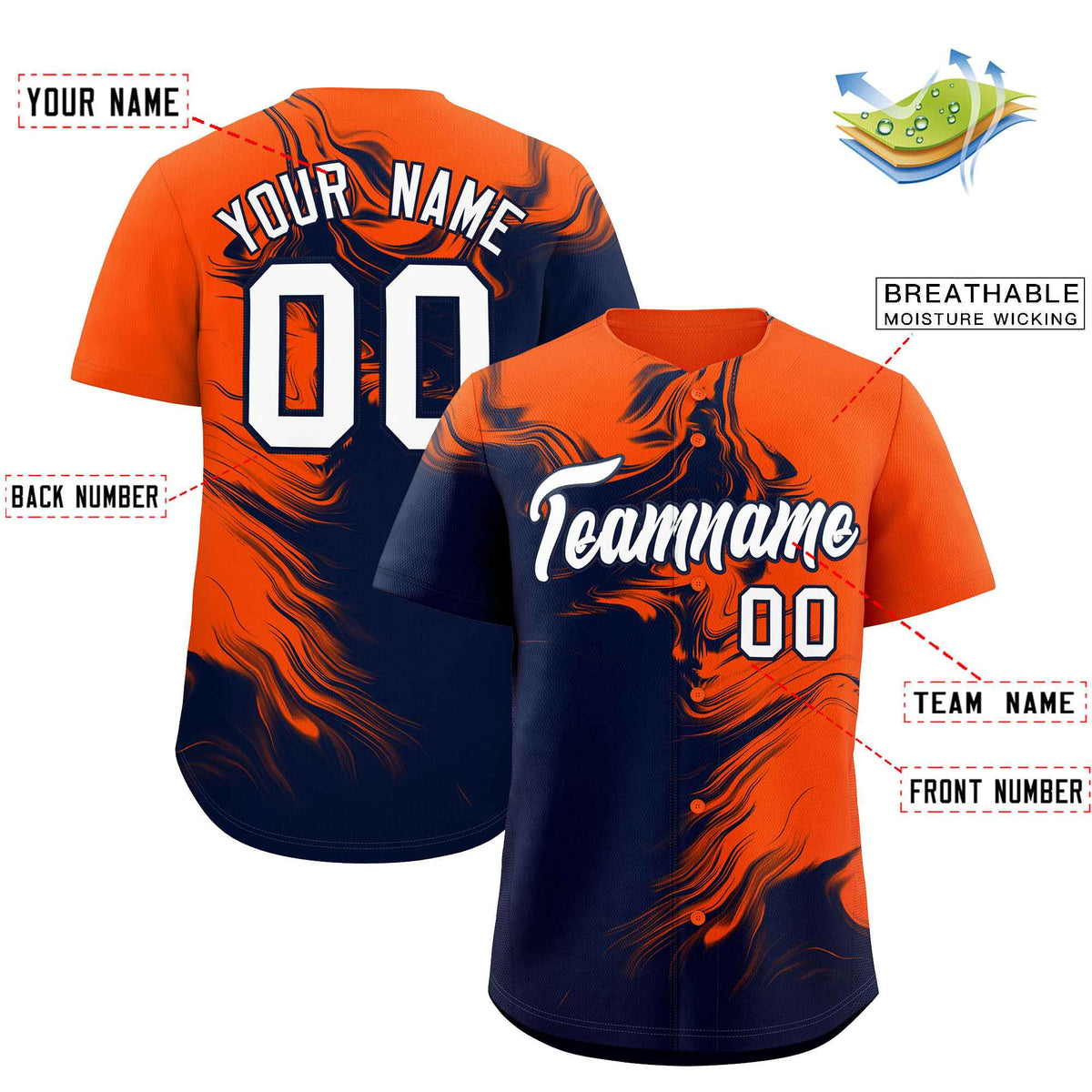 Custom Orange Navy Personalized Ink Pattern Authentic Baseball Jersey| KXKSHOP