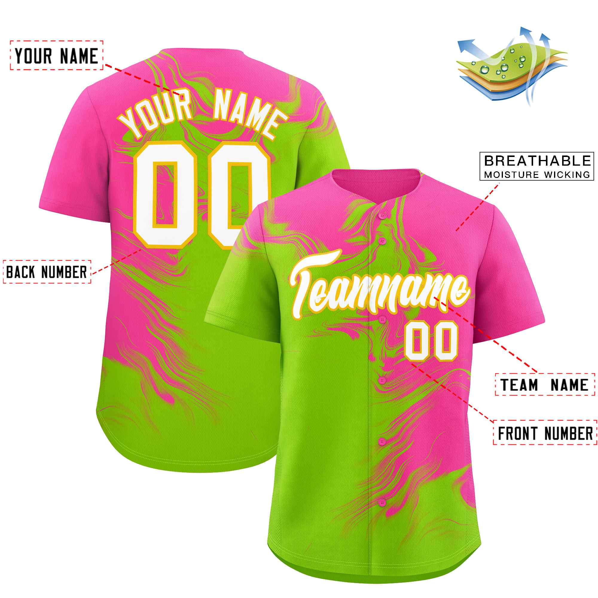 Custom Pink Neon Green Personalized Ink Pattern Authentic Baseball Jersey| KXKSHOP
