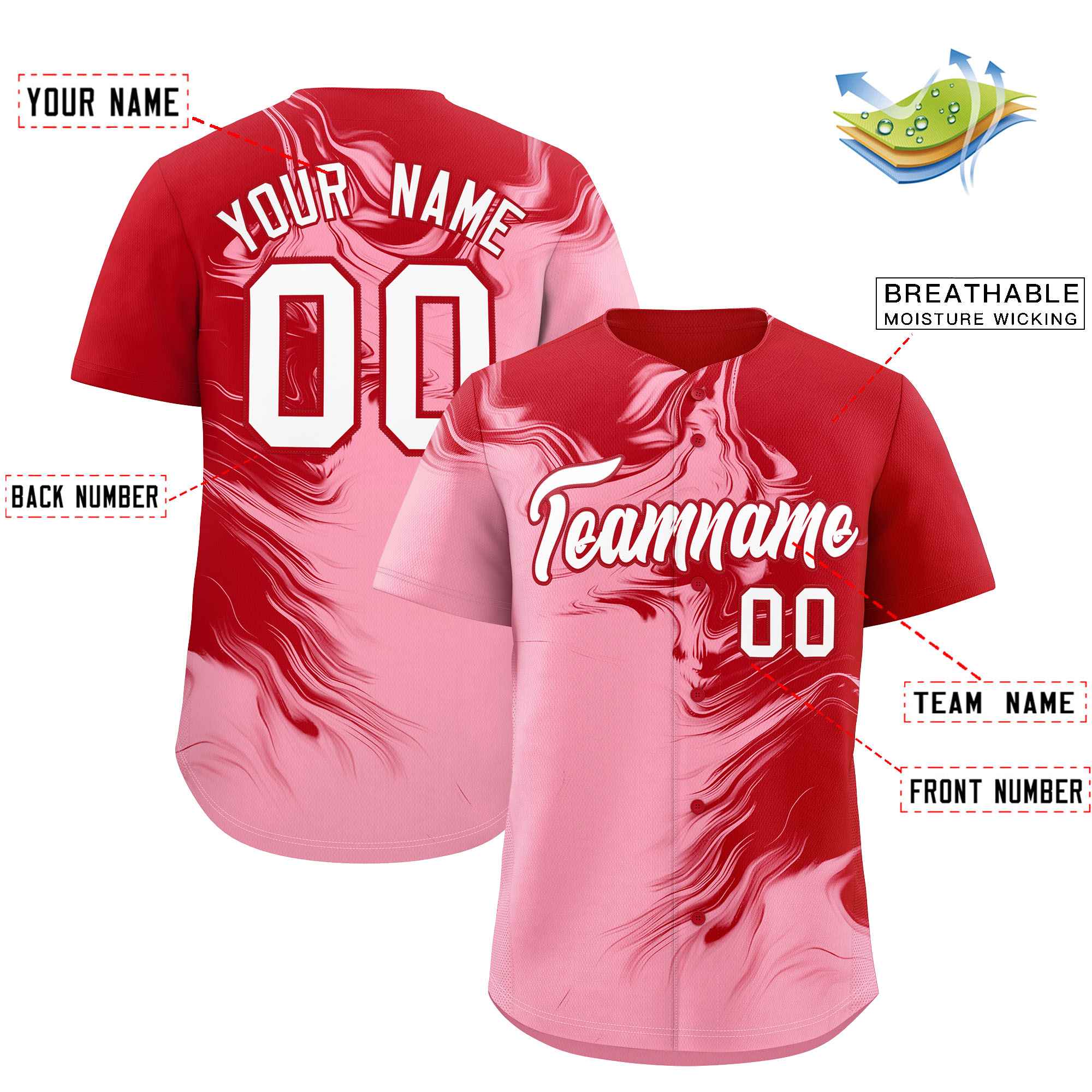 Custom Red Light Pink Personalized Ink Pattern Authentic Baseball Jersey| KXKSHOP