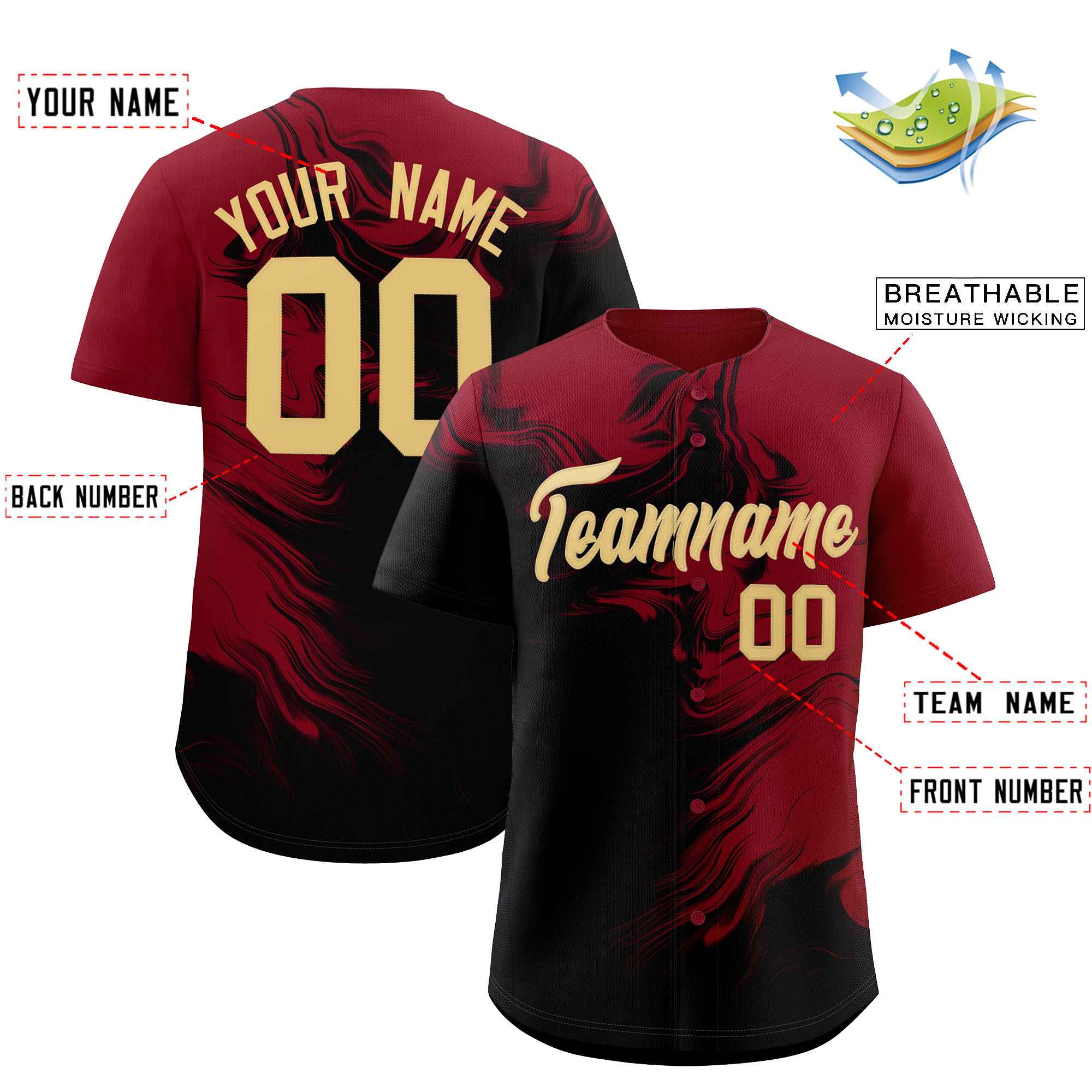 Custom Crimson Black Personalized Ink Pattern Authentic Baseball Jersey| KXKSHOP