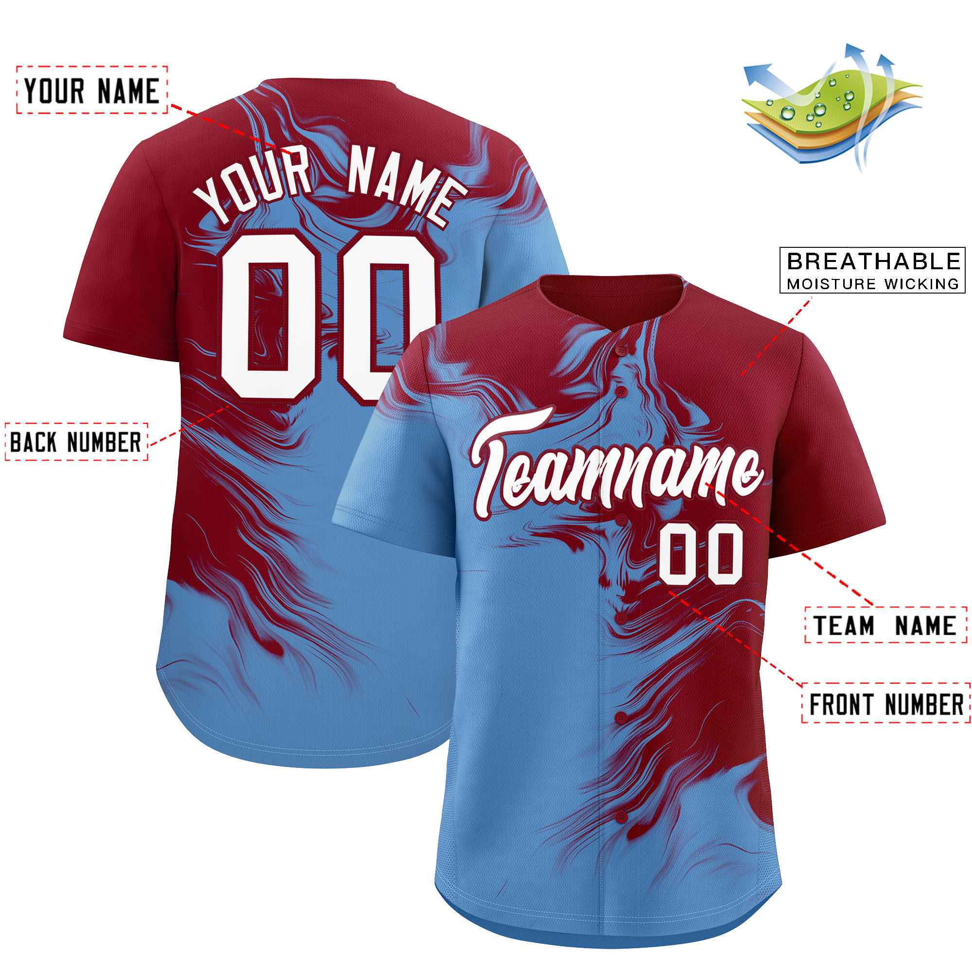 Custom Crimson Powder Blue Personalized Ink Pattern Authentic Baseball Jersey| KXKSHOP