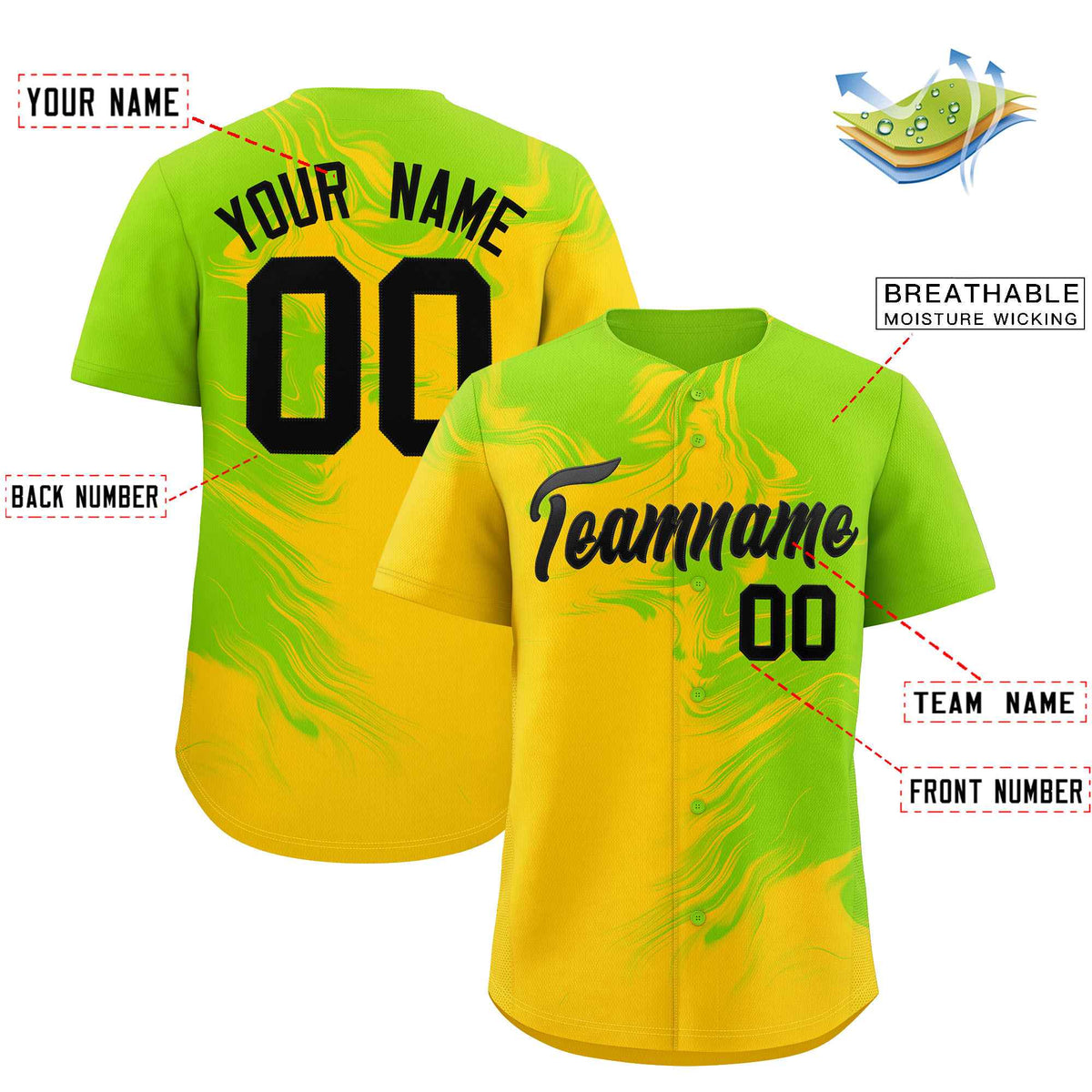Custom Neon Green Gold Personalized Ink Pattern Authentic Baseball Jersey| KXKSHOP