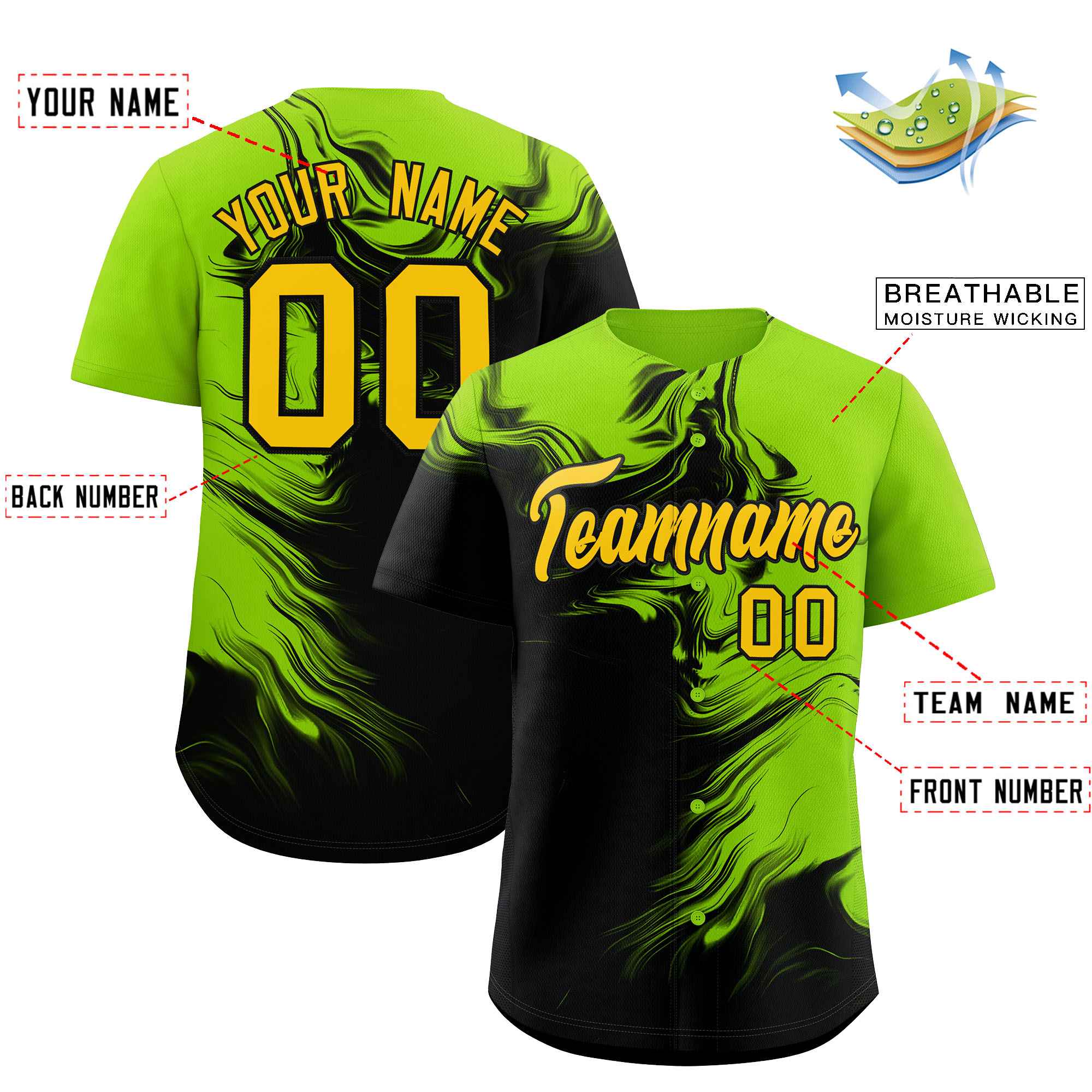 Custom Neon Green Black Personalized Ink Pattern Authentic Baseball Jersey| KXKSHOP