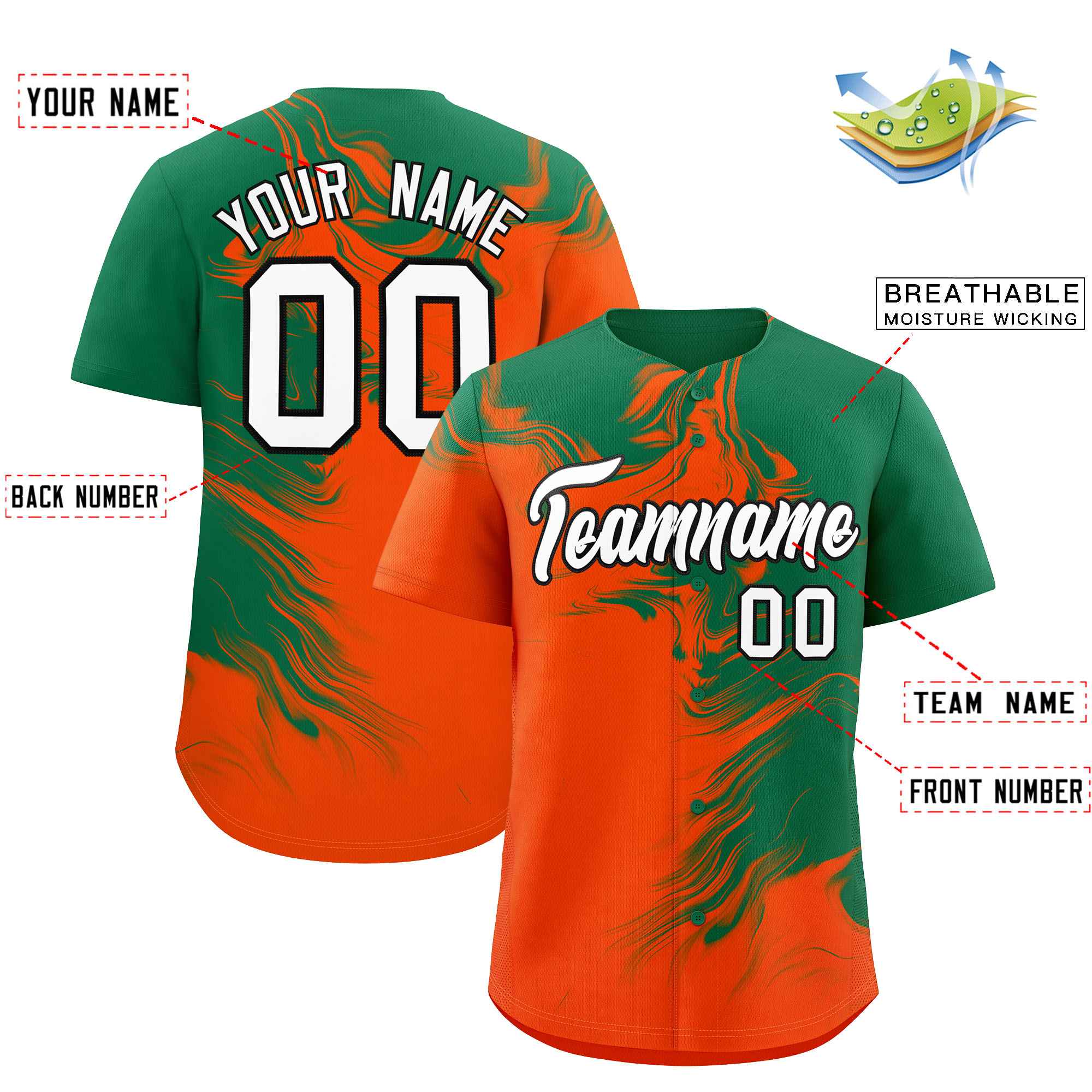 Custom Kelly Green Orange Personalized Ink Pattern Authentic Baseball Jersey| KXKSHOP