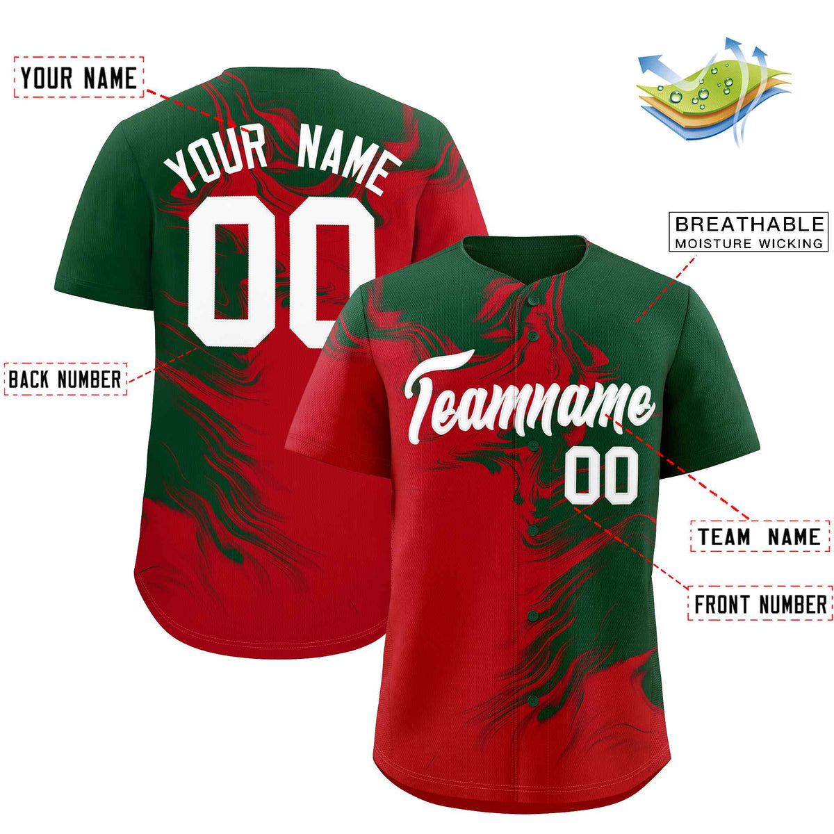 Custom Green Red Personalized Ink Pattern Authentic Baseball Jersey| KXKSHOP