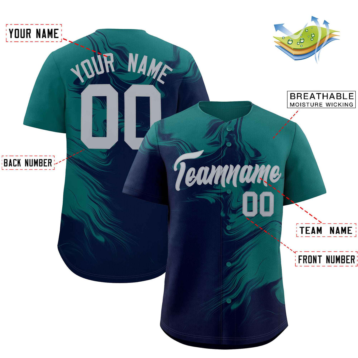 Custom Aqua Navy Personalized Ink Pattern Authentic Baseball Jersey| KXKSHOP