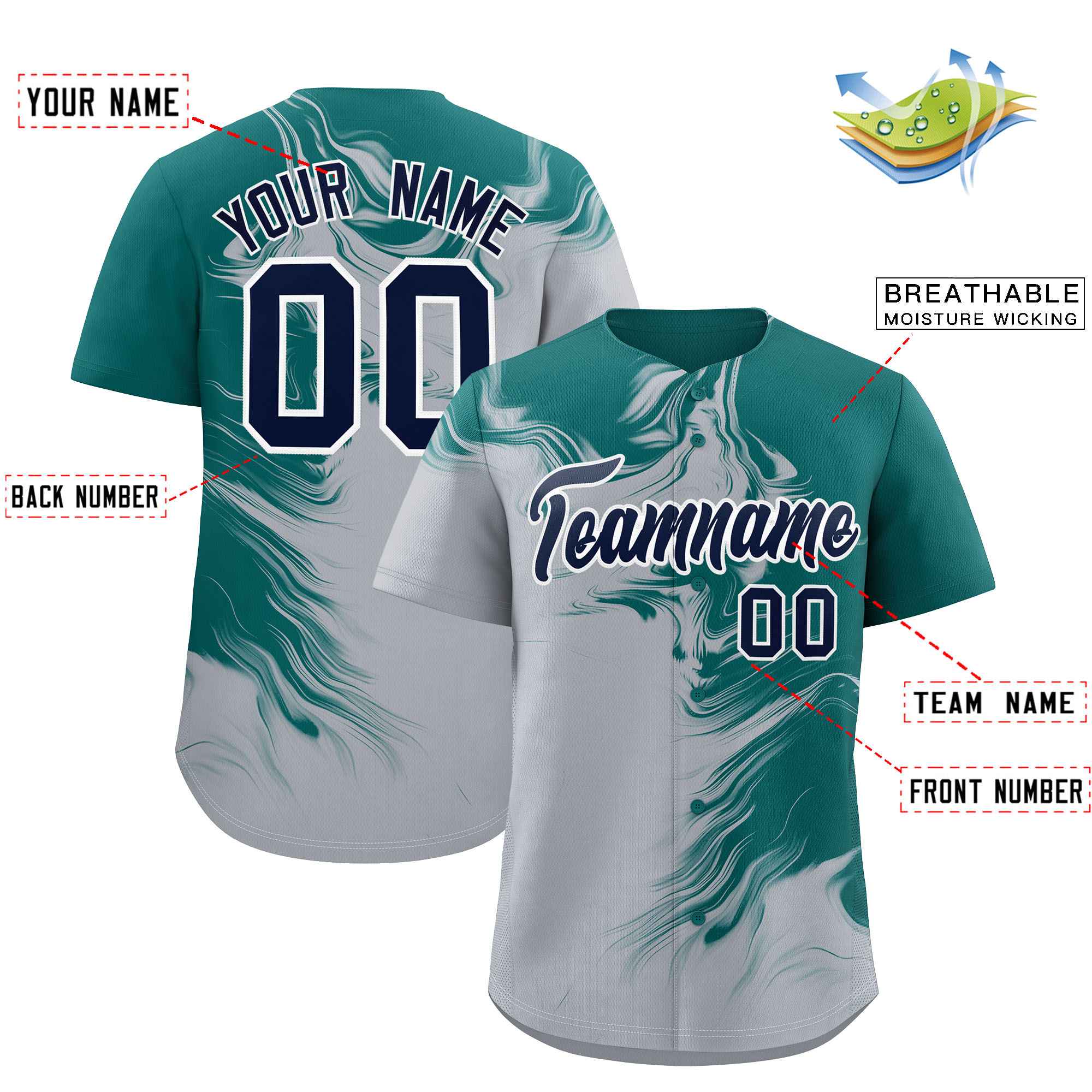 Custom Aqua Gray Personalized Ink Pattern Authentic Baseball Jersey| KXKSHOP
