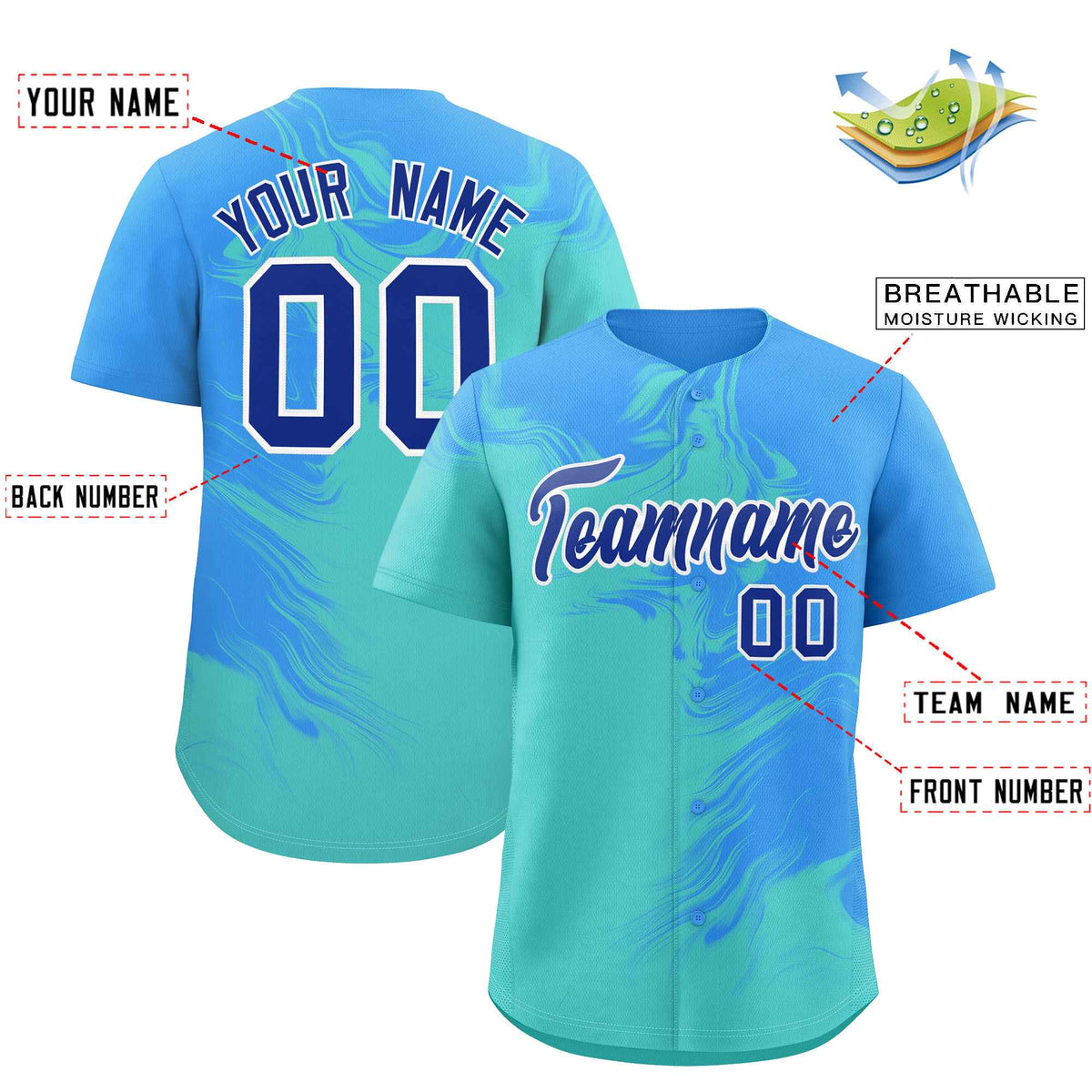 Custom Powder Blue Bright Green Personalized Ink Pattern Authentic Baseball Jersey| KXKSHOP
