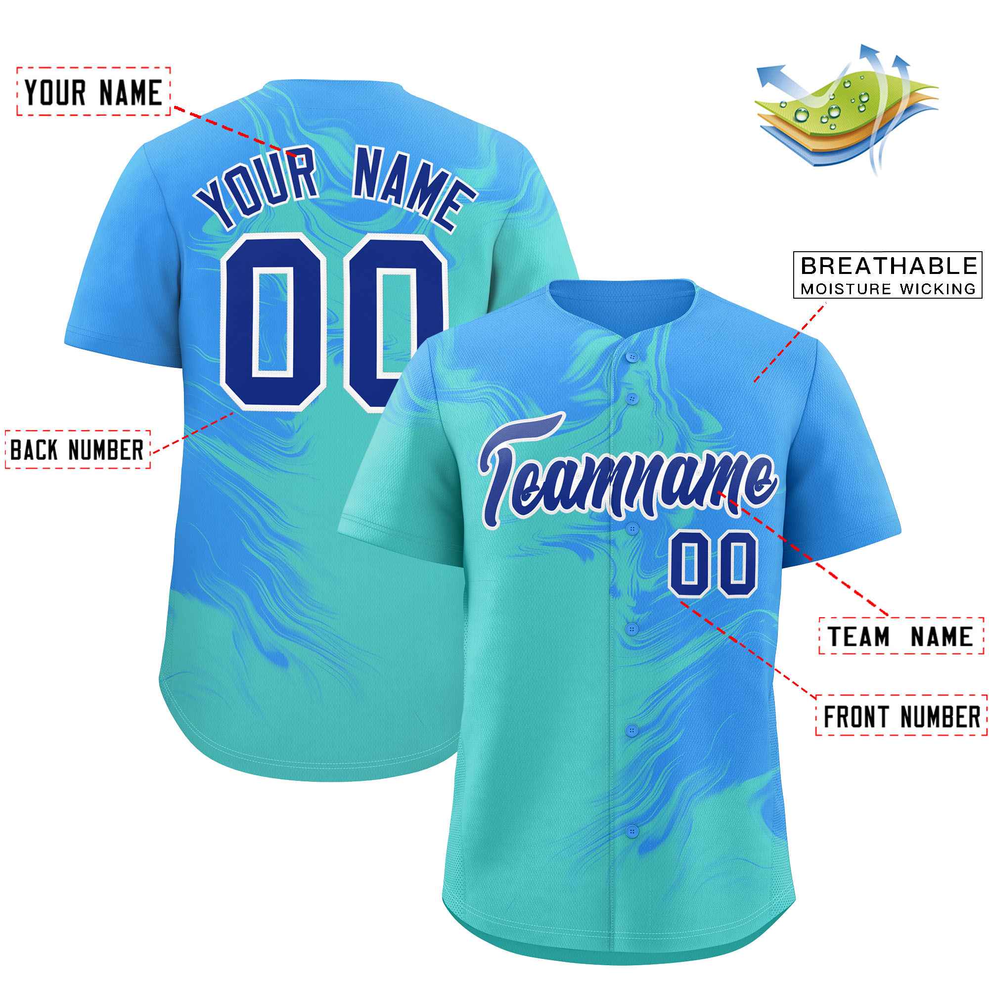 Custom Powder Blue Bright Green Personalized Ink Pattern Authentic Baseball Jersey| KXKSHOP