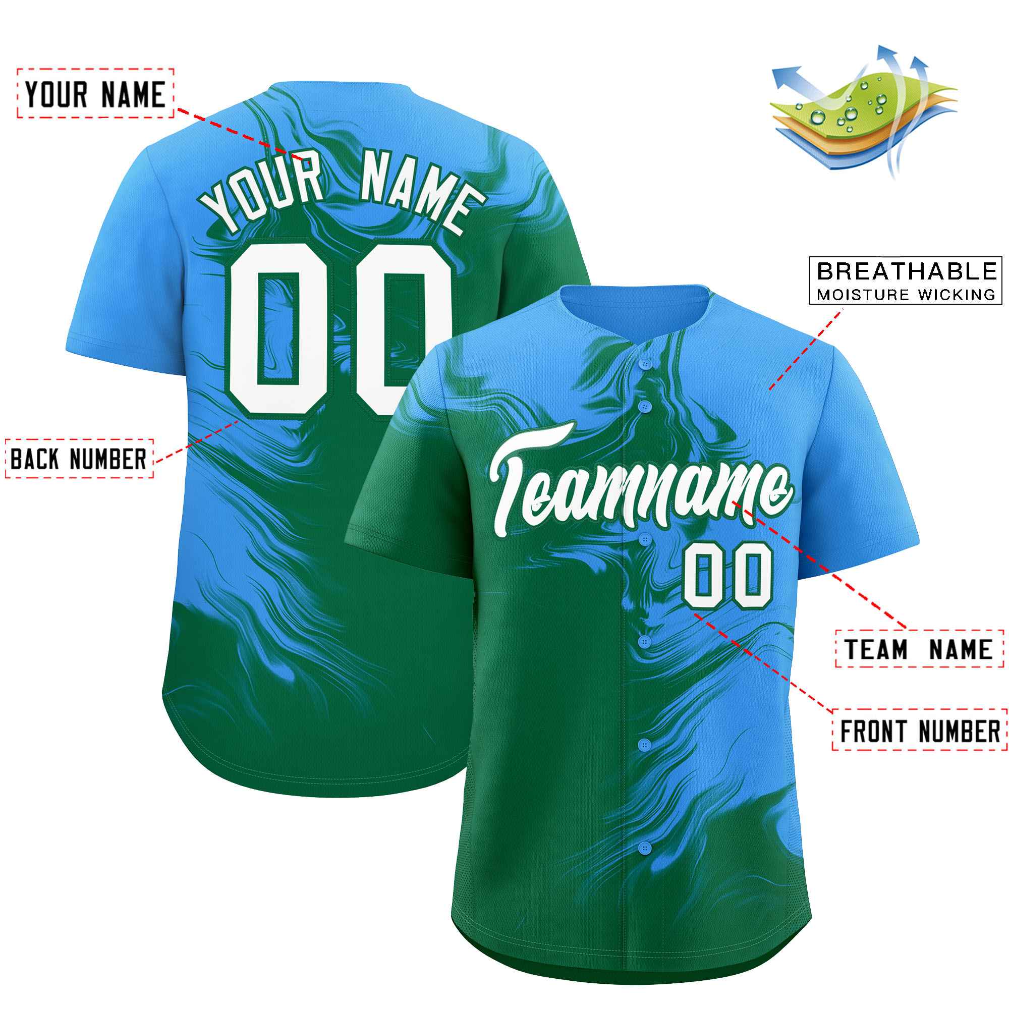 Custom Powder Blue Kelly Green Personalized Ink Pattern Authentic Baseball Jersey| KXKSHOP