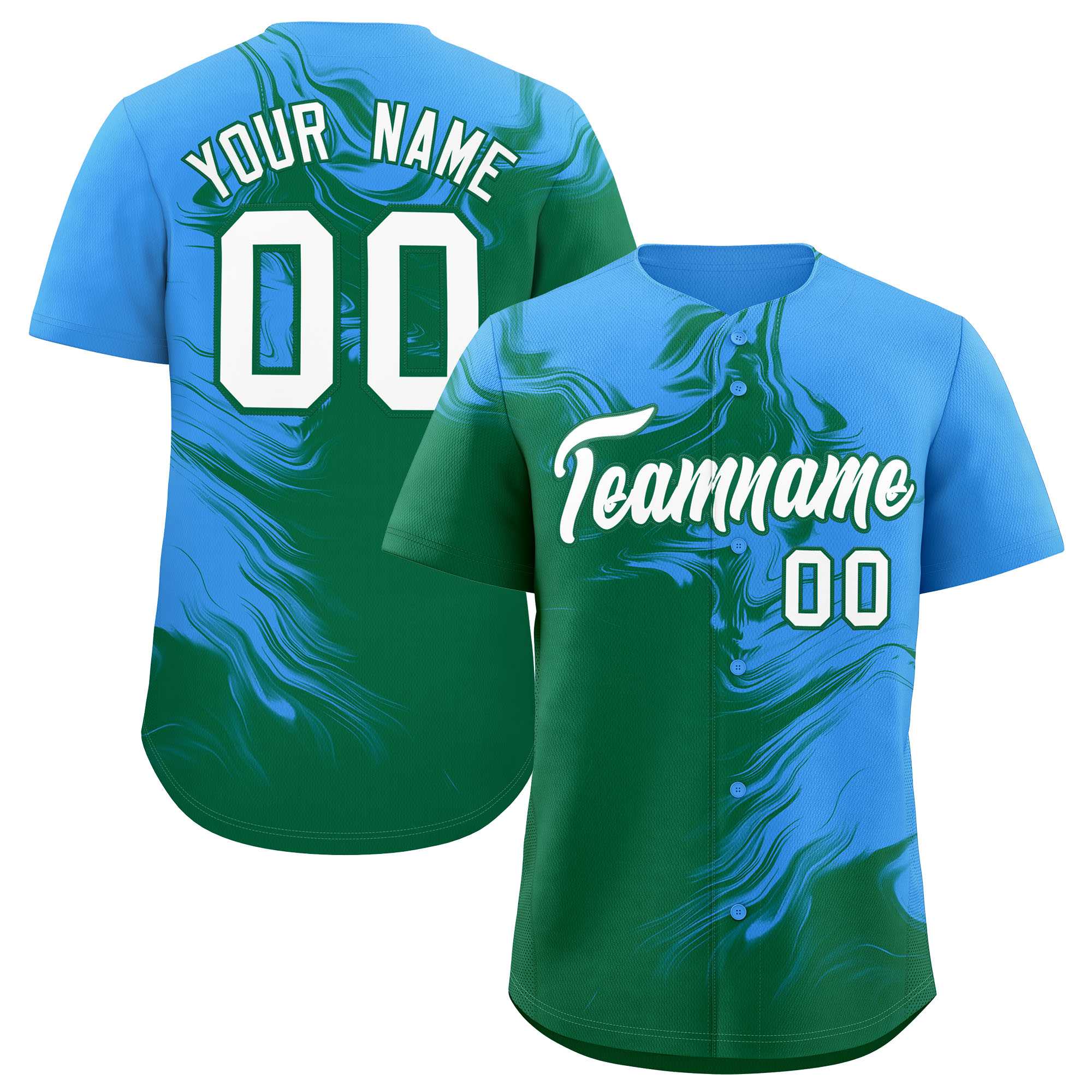 Custom Powder Blue Kelly Green Personalized Ink Pattern Authentic Baseball Jersey| KXKSHOP