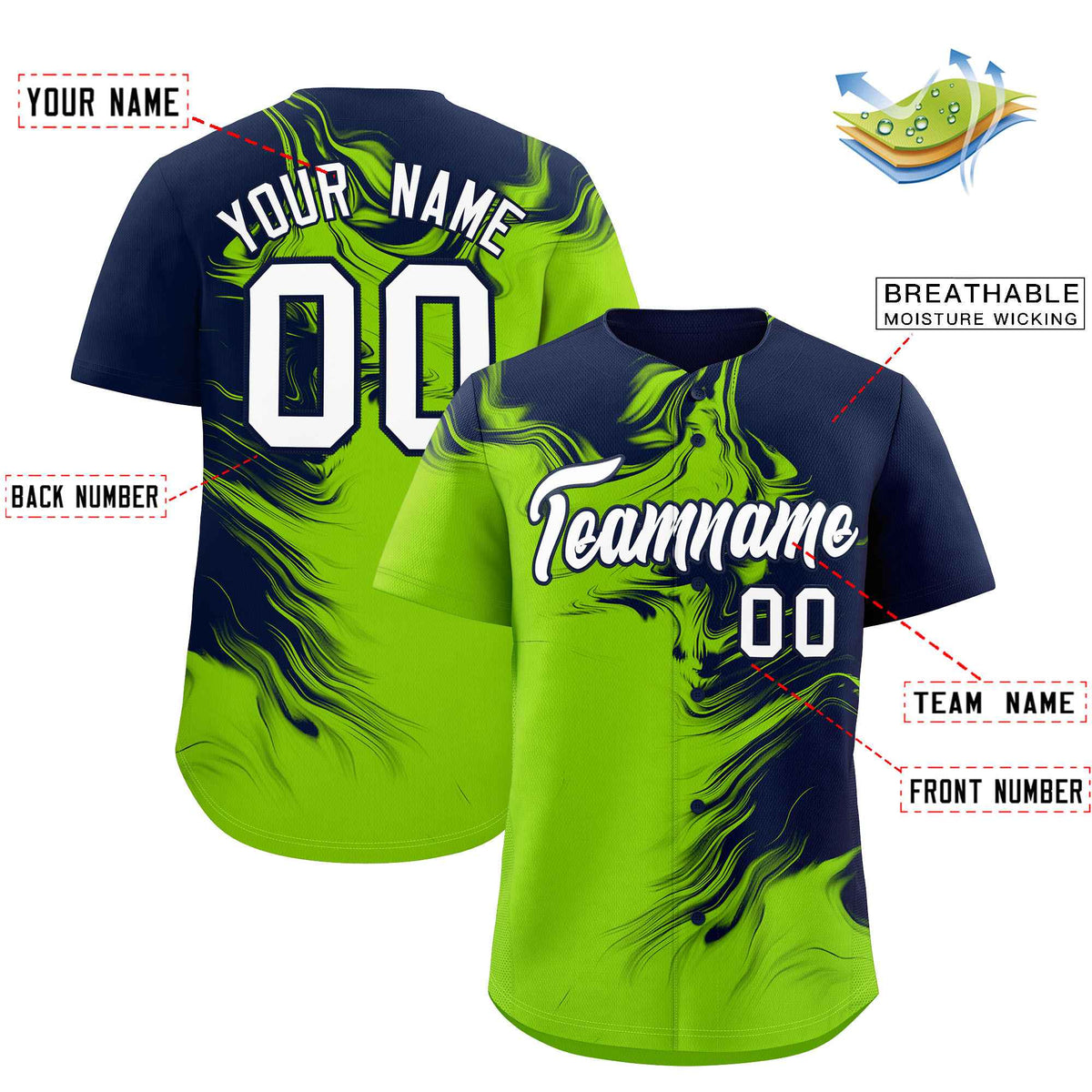 Custom Navy Neon Green Personalized Ink Pattern Authentic Baseball Jersey| KXKSHOP