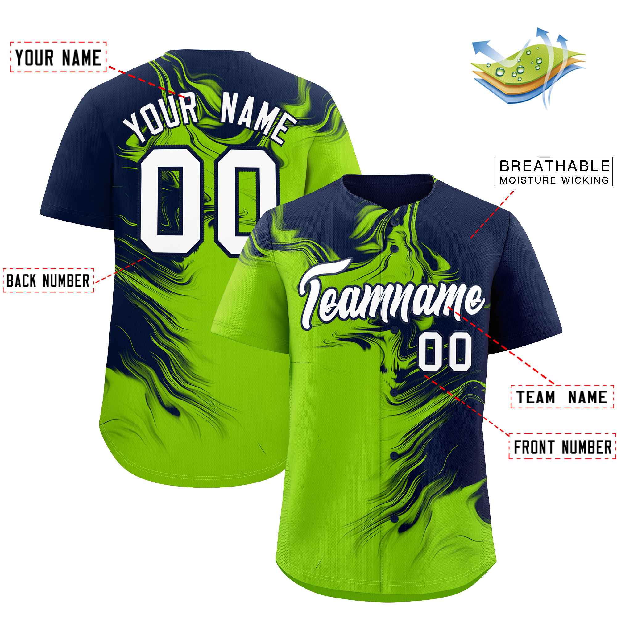Custom Navy Neon Green Personalized Ink Pattern Authentic Baseball Jersey| KXKSHOP