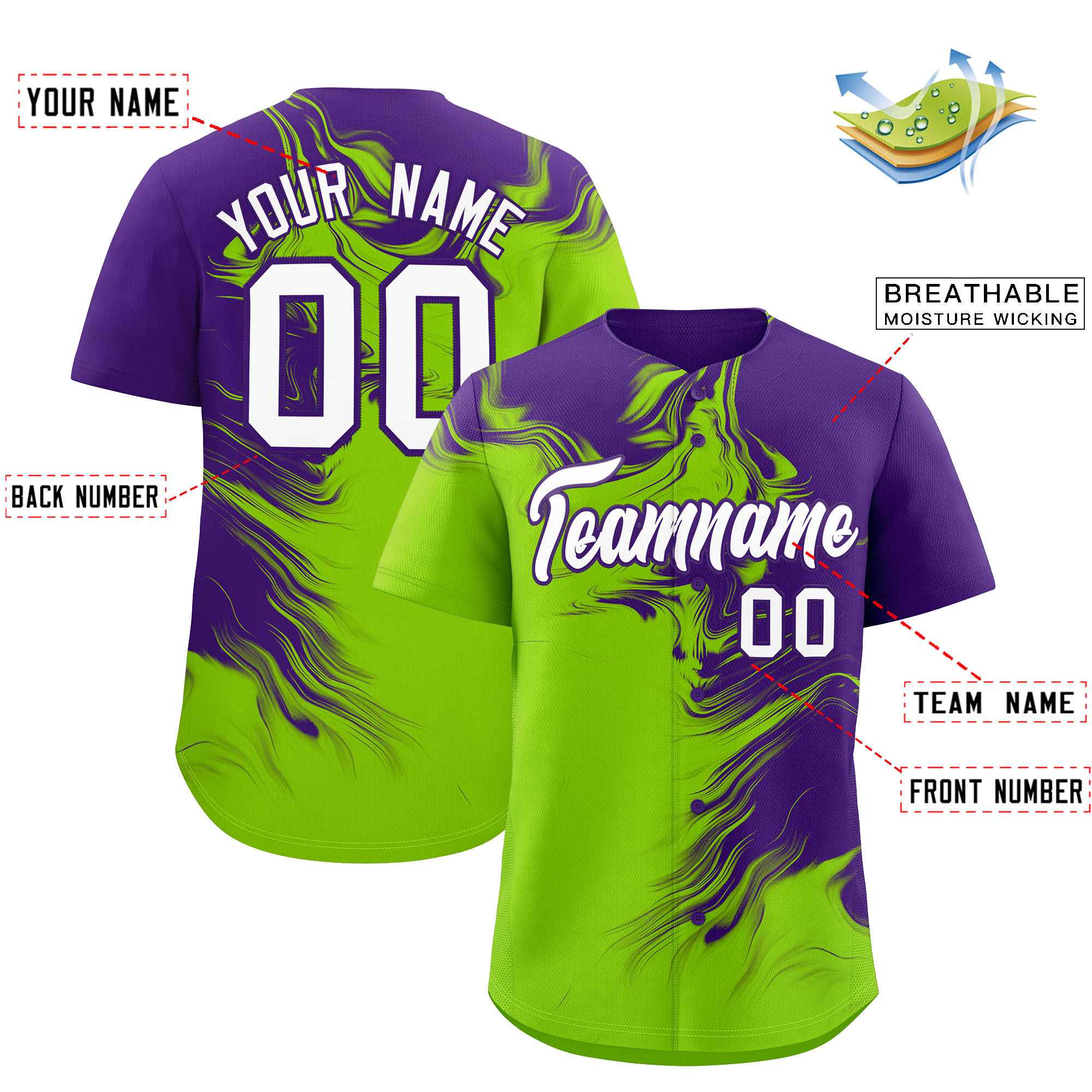 Custom Purple Neon Green Personalized Ink Pattern Authentic Baseball Jersey| KXKSHOP