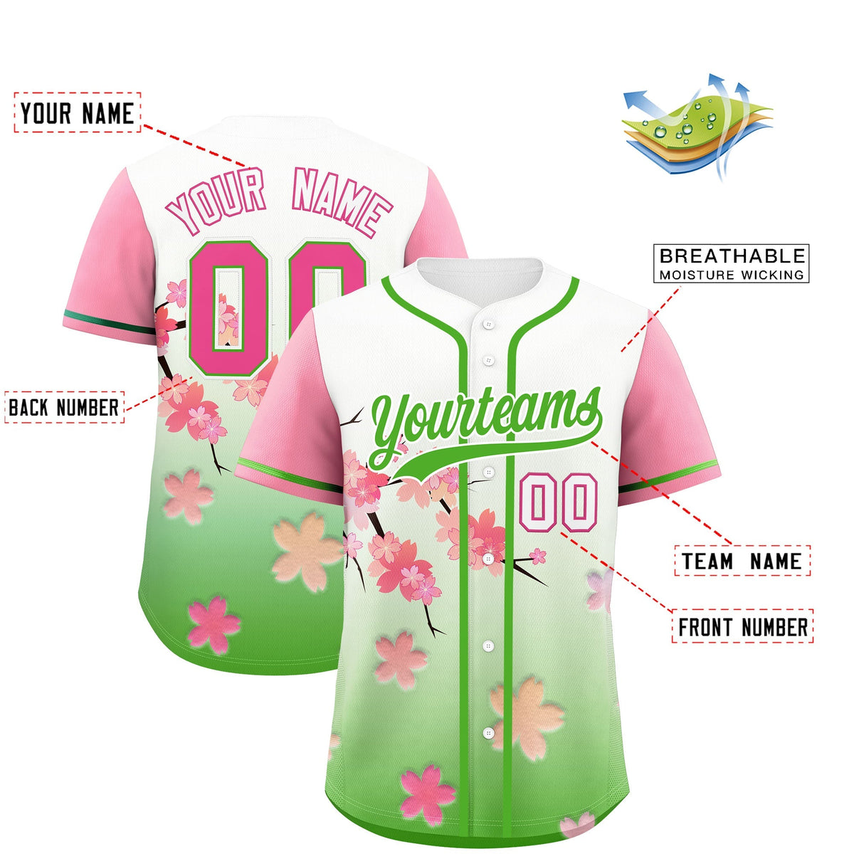 Custom Light Green Pink Gradient Fashion Elastic Baseball Jersey| KXKSHOP
