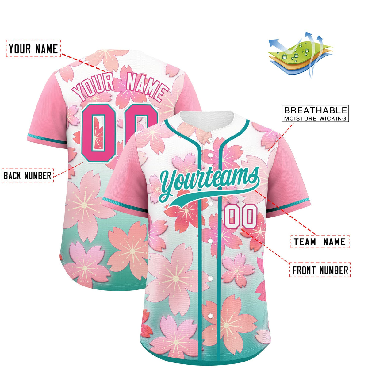 Custom Aqua Pink Gradient Fashion Elastic Baseball Jersey| KXKSHOP
