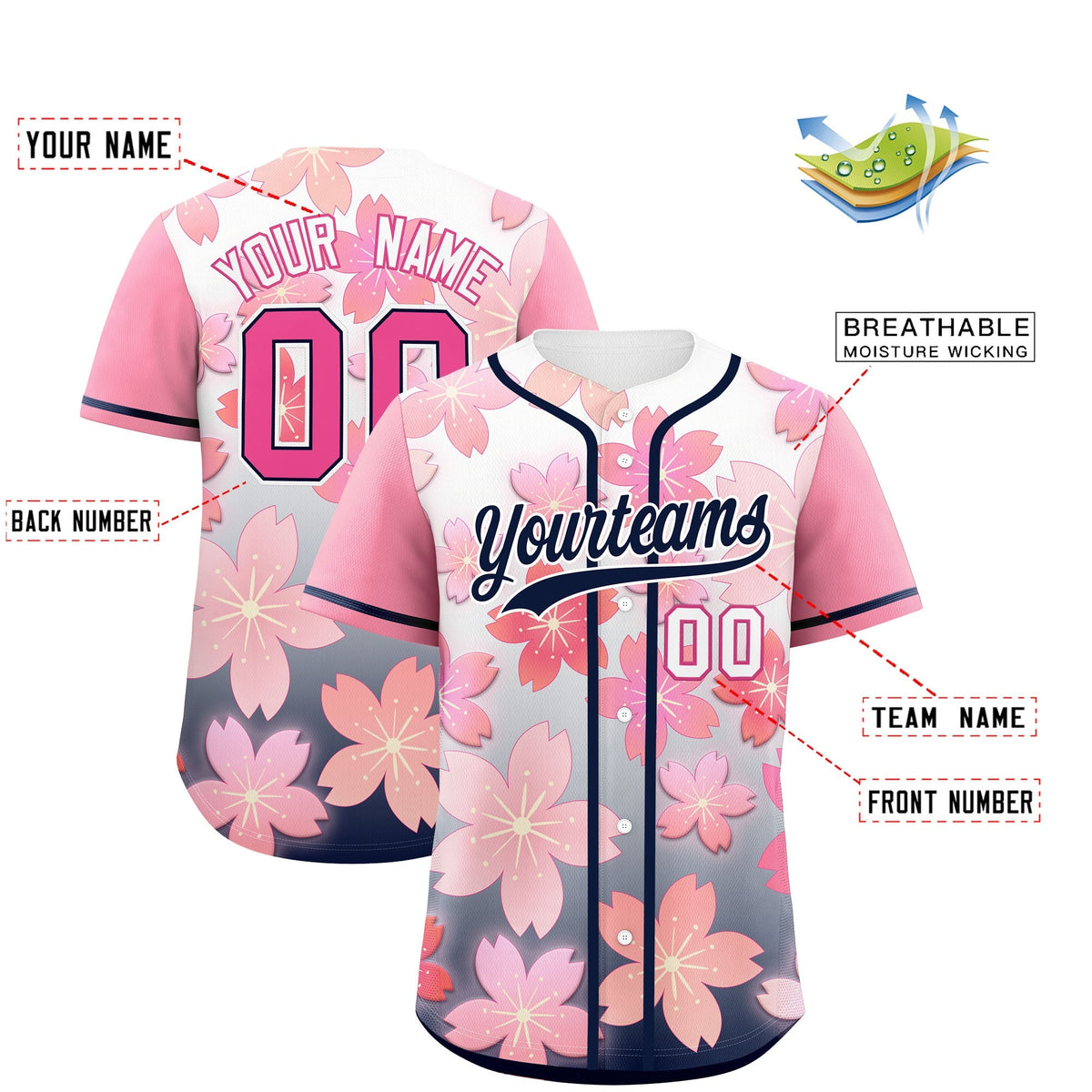 Custom Navy Pink Gradient Fashion Elastic Baseball Jersey| KXKSHOP