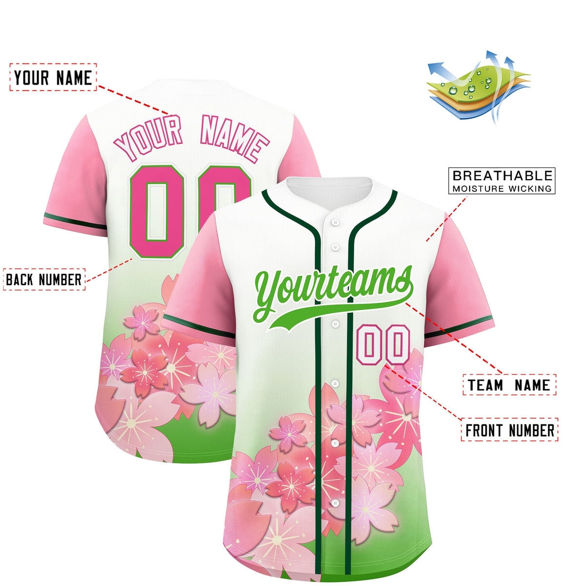 Custom Light Green Pink Gradient Fashion Elastic Baseball Jersey| KXKSHOP