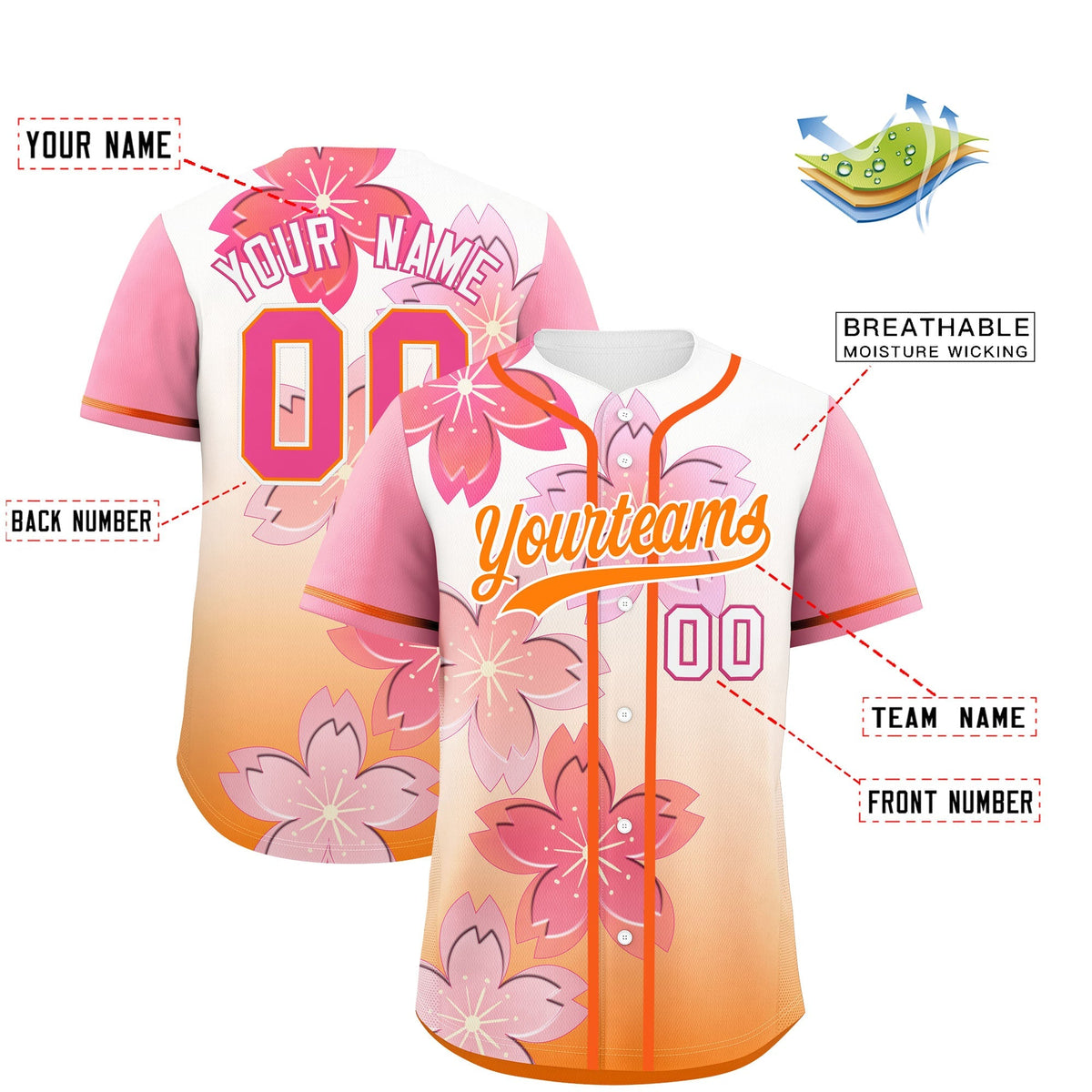 Custom Gold Orange Pink Gradient Fashion Elastic Baseball Jersey| KXKSHOP
