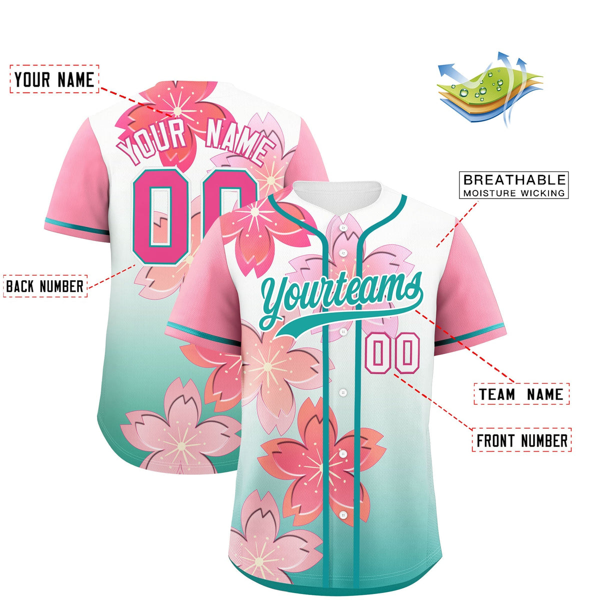 Custom Aqua Pink Gradient Fashion Elastic Baseball Jersey| KXKSHOP