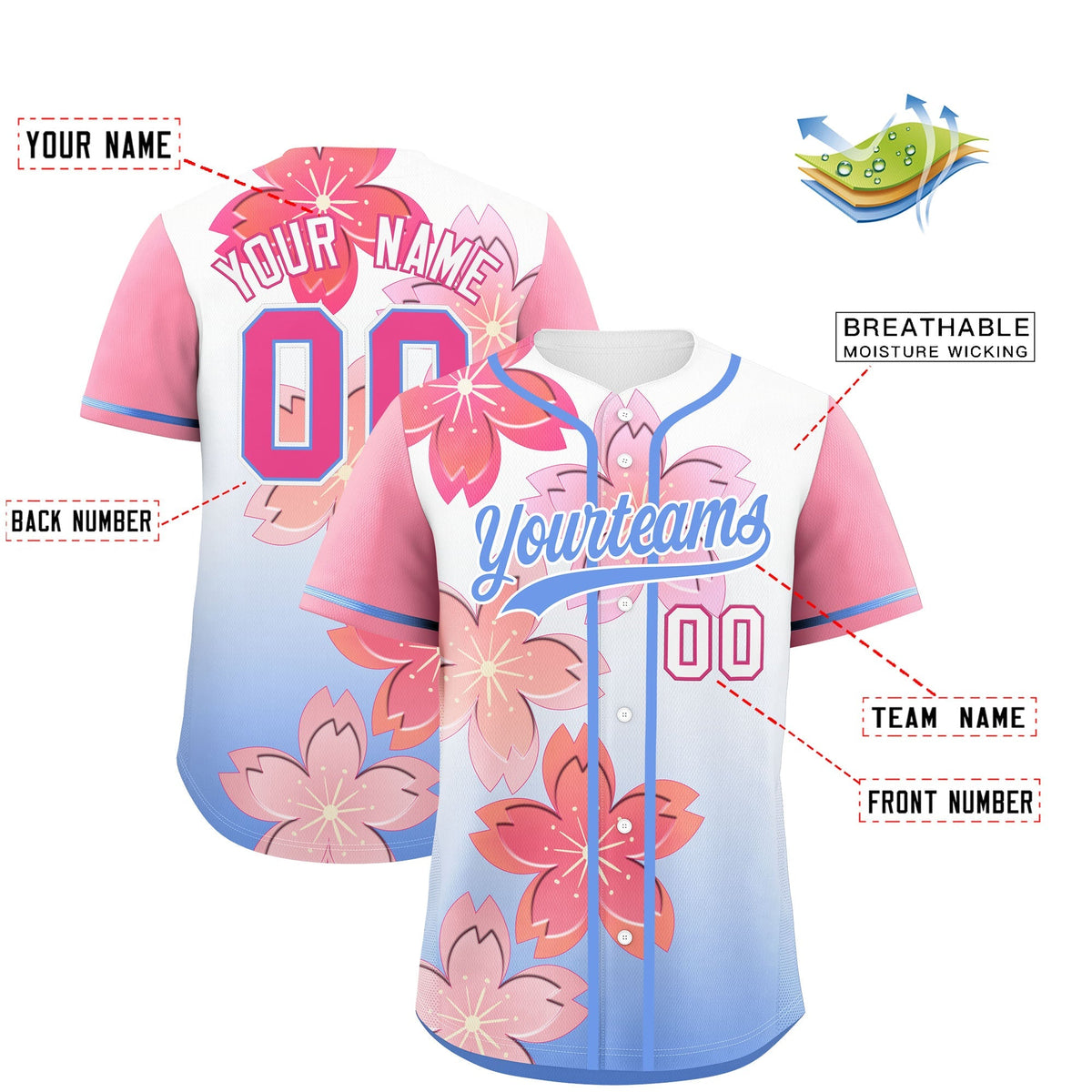 Custom Light Blue Pink Gradient Fashion Elastic Baseball Jersey| KXKSHOP