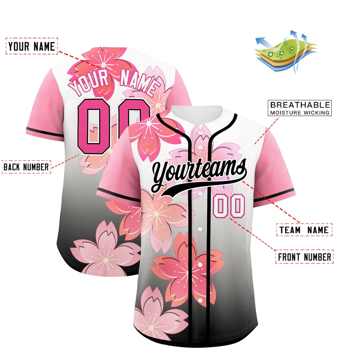 Custom Black Pink Gradient Fashion Elastic Baseball Jersey| KXKSHOP