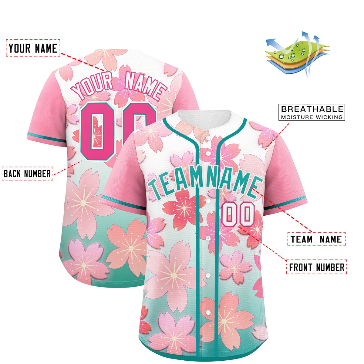 Custom Aqua Pink Gradient Fashion Elastic Baseball Jersey| KXKSHOP