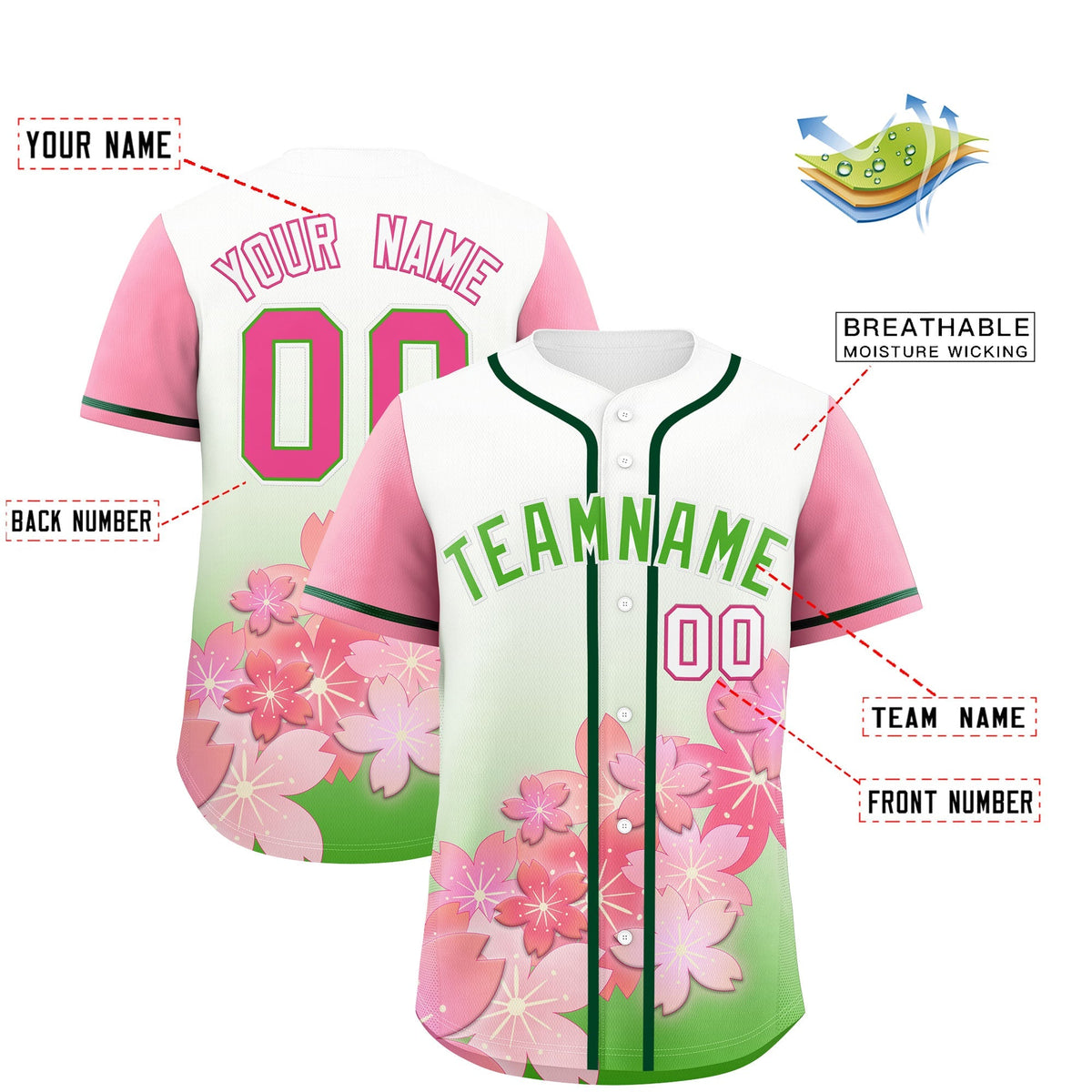 Custom Light Green Pink Gradient Fashion Elastic Baseball Jersey| KXKSHOP