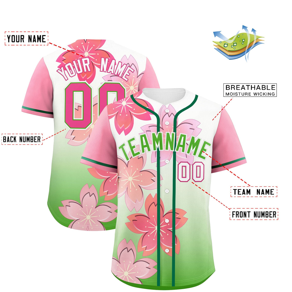 Custom Light Green Pink Gradient Fashion Elastic Baseball Jersey| KXKSHOP