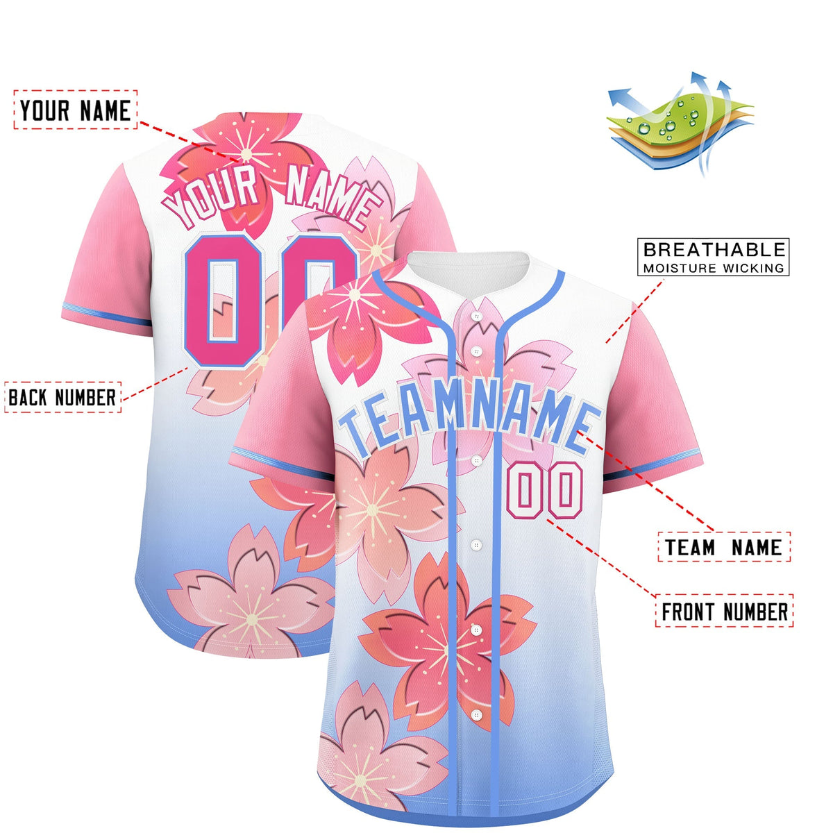 Custom Light Blue Pink Gradient Fashion Elastic Baseball Jersey| KXKSHOP
