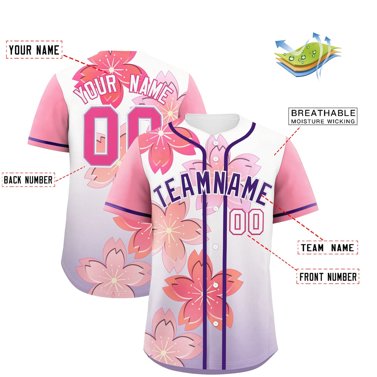 Custom Purple Pink Gradient Fashion Elastic Baseball Jersey| KXKSHOP