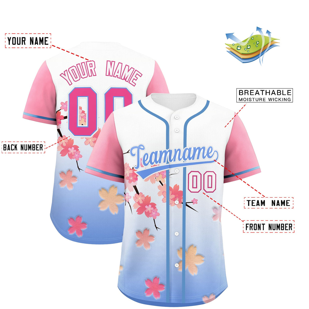 Custom Light Blue Pink Gradient Fashion Elastic Baseball Jersey| KXKSHOP