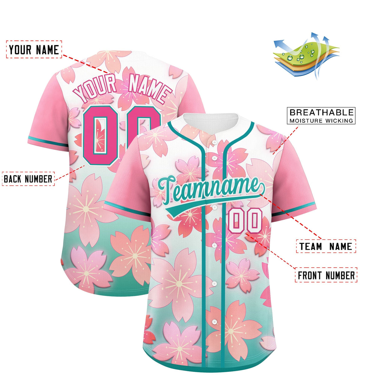 Custom Aqua Pink Gradient Fashion Elastic Baseball Jersey| KXKSHOP