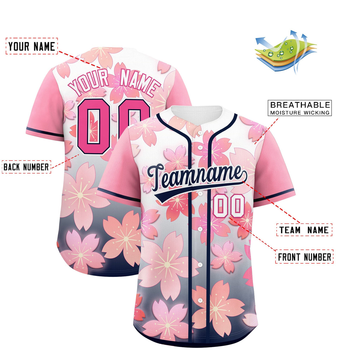 Custom Navy Pink Gradient Fashion Elastic Baseball Jersey| KXKSHOP