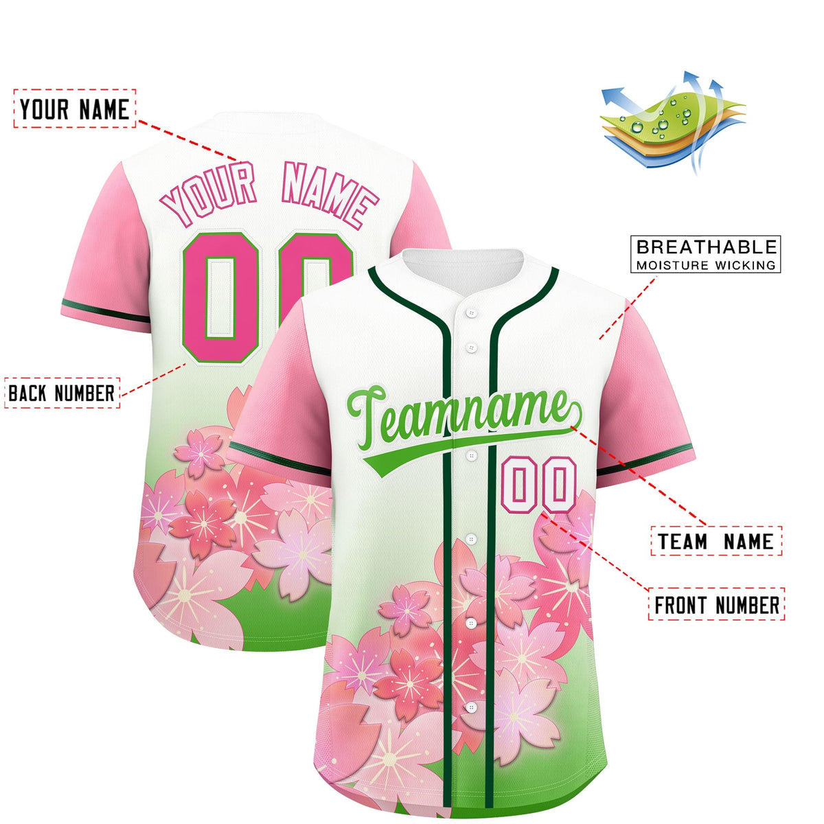 Custom Light Green Pink Gradient Fashion Elastic Baseball Jersey| KXKSHOP