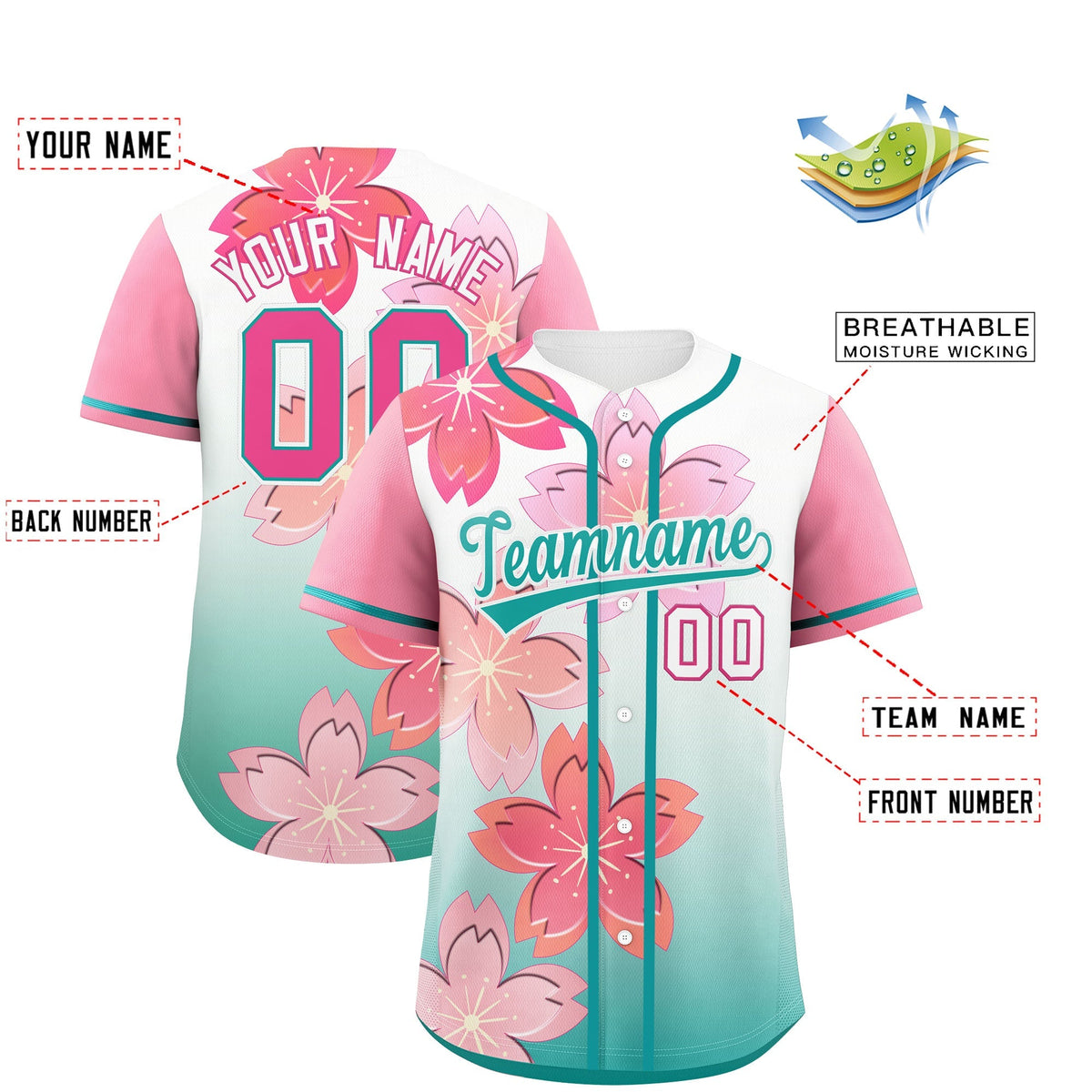 Custom Aqua Pink Gradient Fashion Elastic Baseball Jersey| KXKSHOP